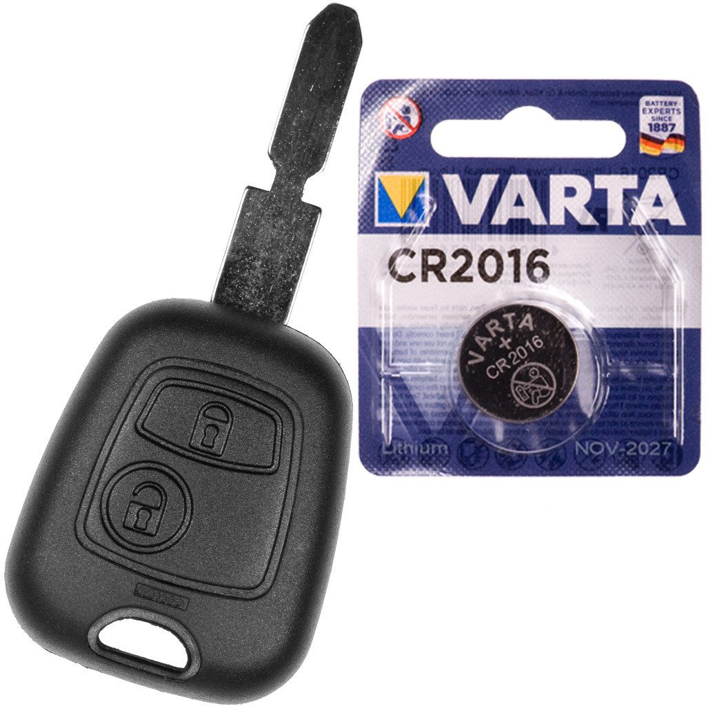 mt-key Auto Schlüssel Ersatz Gehäuse 2 Tasten + NE78 Rohling + VARTA CR2016 Knopfzelle, CR2016 (3 V), für Peugeot 406 Funk Fernbedienung