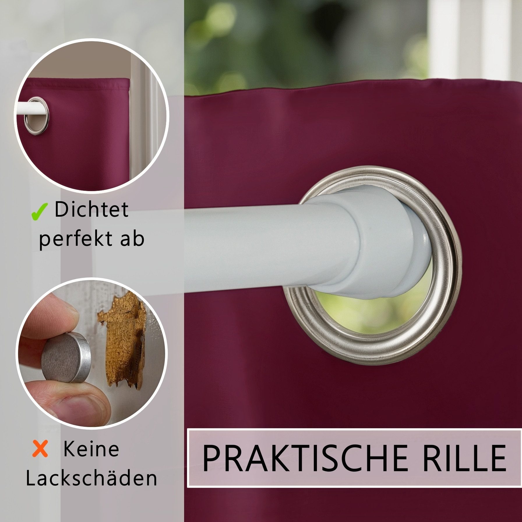 tinycurtains Türvorhang mit Stange weiß 70-120 cm Thermo Vorhang ohne Bohren, blickdicht, Ösen, verdunkelnd, Polyester, bordeaux rot Berry, Türgardine mit Klemm – Bild 5 von 5
