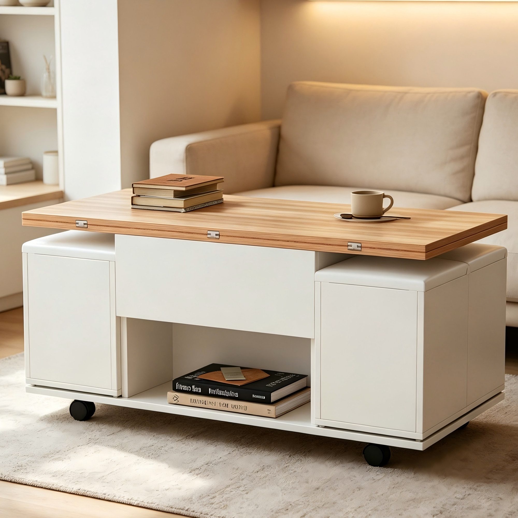 Merax Couchtisch Anhebbarer Wohnzimmertisch mit faltbarer Tischplatte (5-St), Beistelltisch mit Lift-Top-Mechanismus und 4 Aufbewahrungshockern