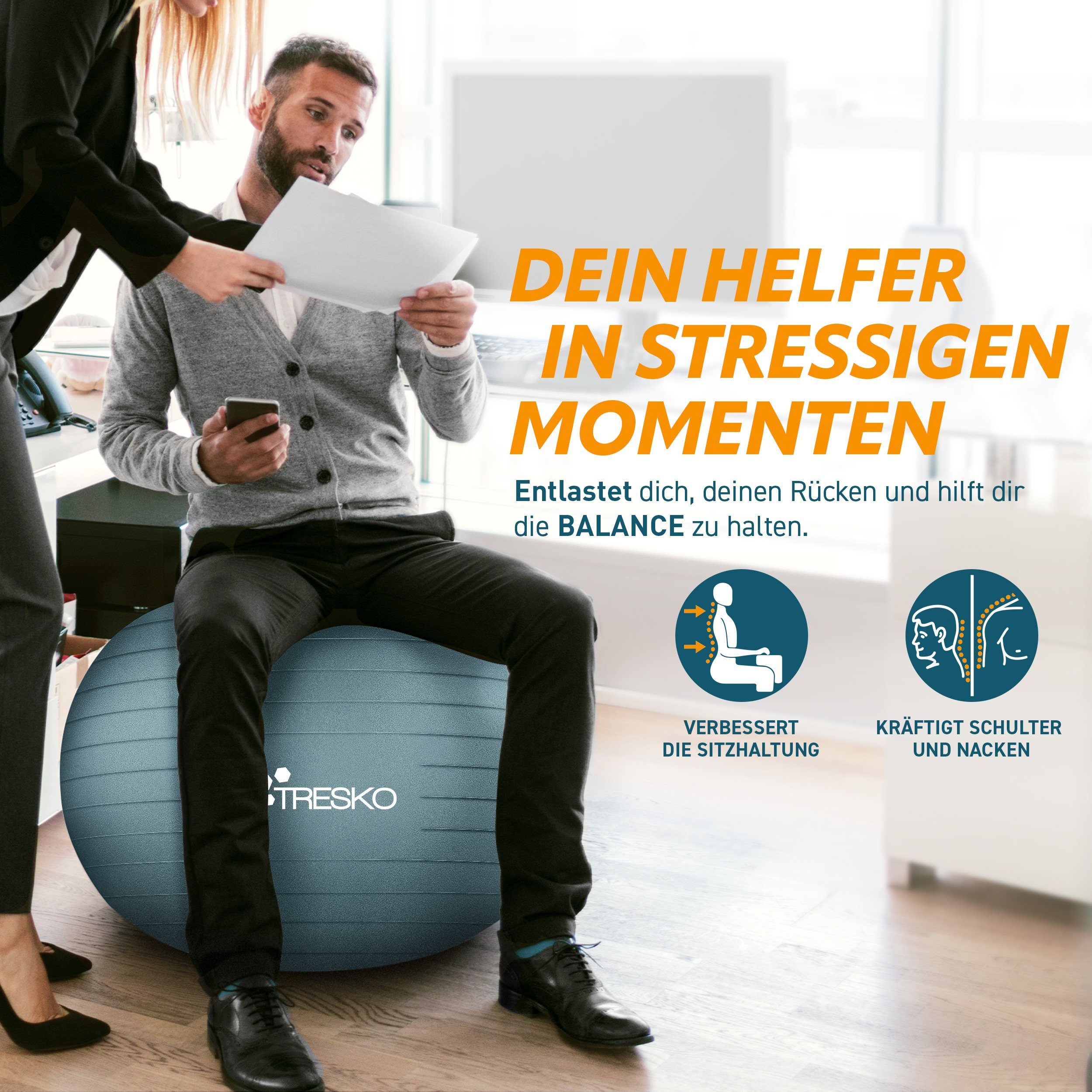 TRESKO Gymnastikball mit GRATIS Übungsposter inkl. Luftpumpe Yogaball, BPA-Frei Sitzball Büro Anti-Burst inkl. Luftpumpe, Fitnessball