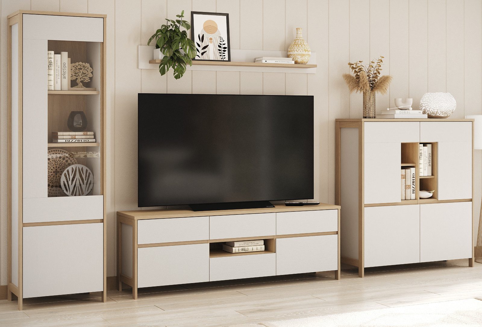 Furn.Design Wohnwand Finnes, (4-teilige Schrankwand Eiche weiß und Eiche natur, Breite ca. 360 cm), Soft-Close-Funktion