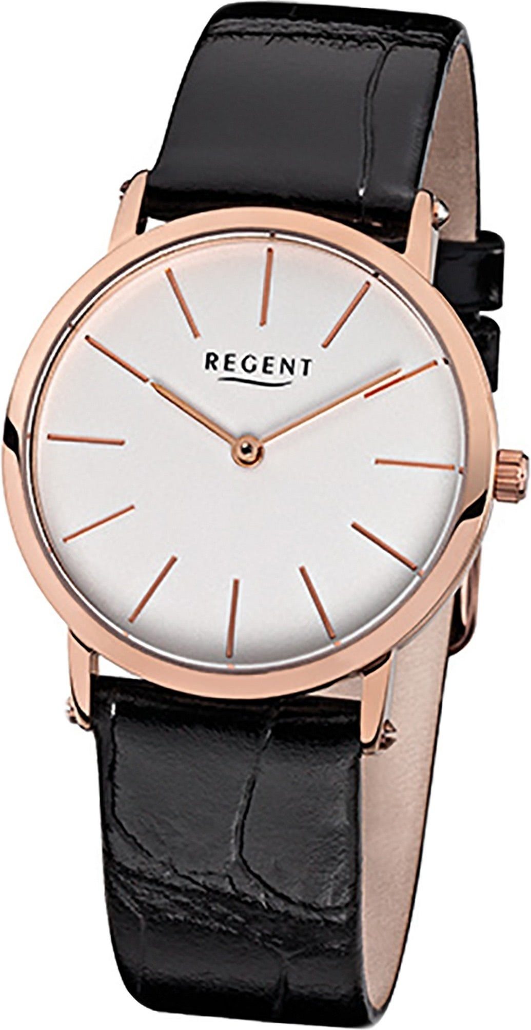 Regent Quarzuhr Regent Leder Damen Uhr F-831 Quarzuhr, Damenuhr Lederarmband schwarz, rundes Gehäuse, mittel (ca. 33mm)