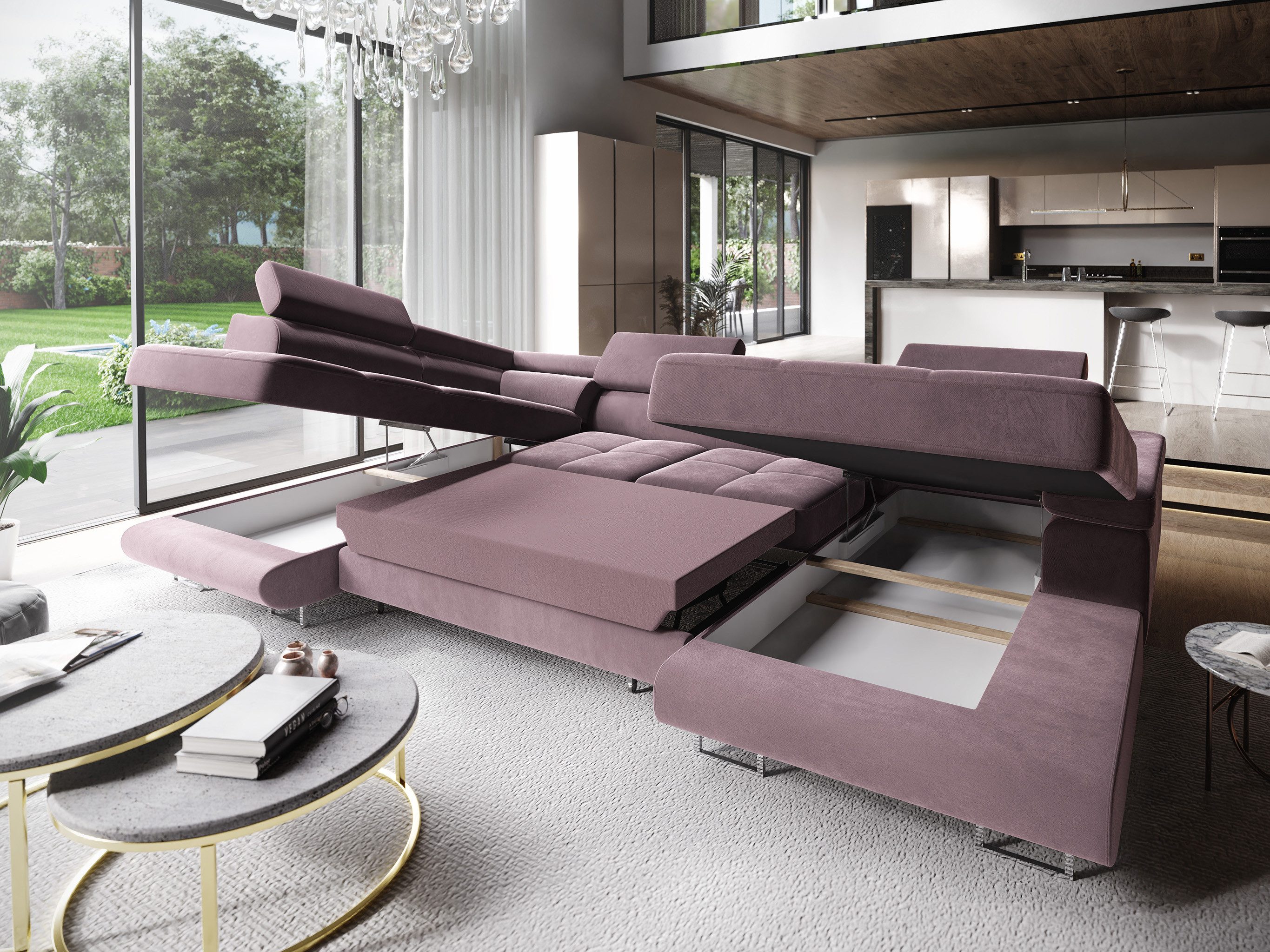Masseno Ecksofa CASONE mit Schlaffunktion U-Form, Sofa mit Bettkasten