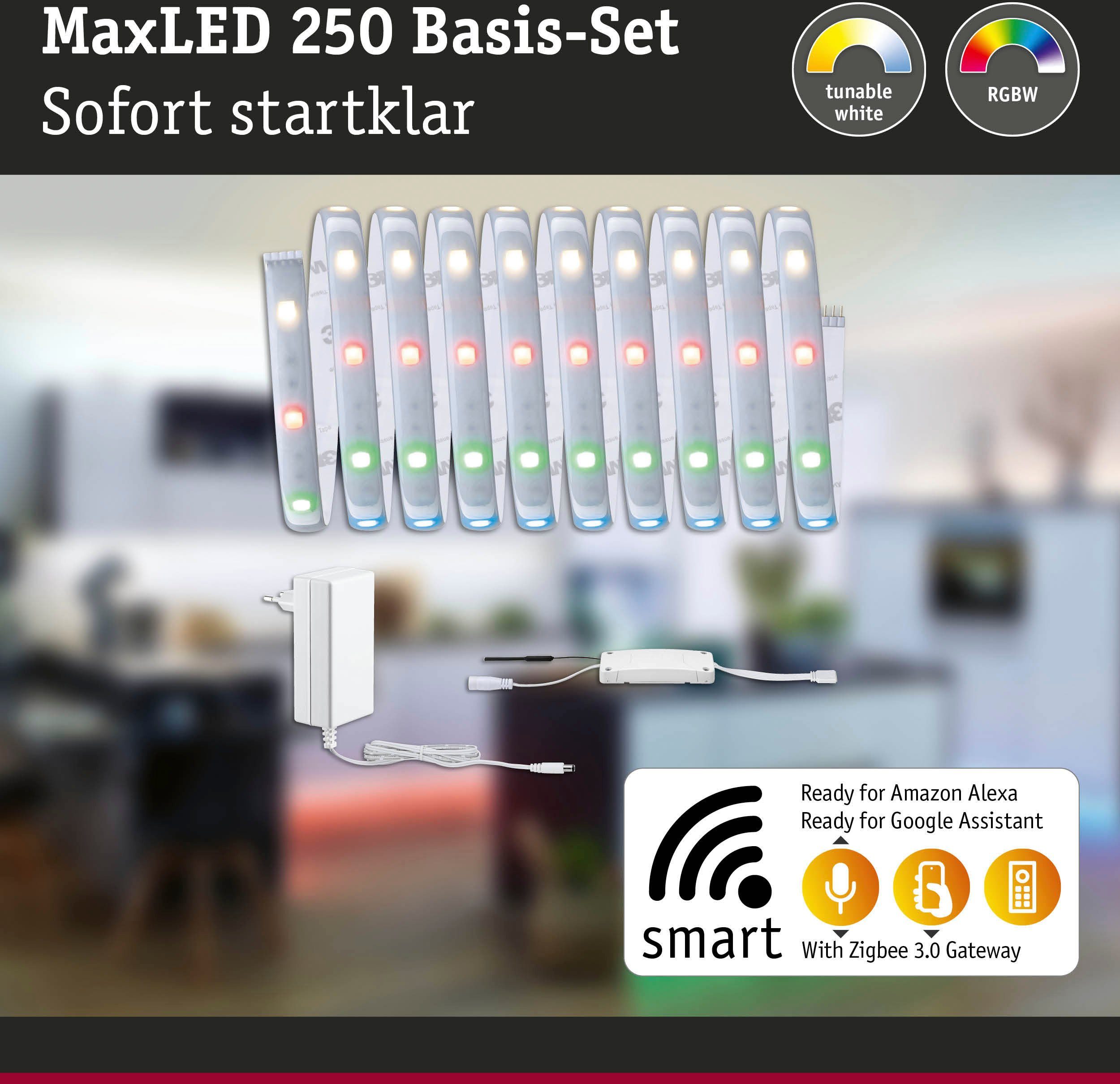 Paulmann Zigbee MaxLED 600lm, Smart beschichtet RGBW, 600 LED-Streifen 250 15W IP44 1-flammig, 3m, Home Basisset