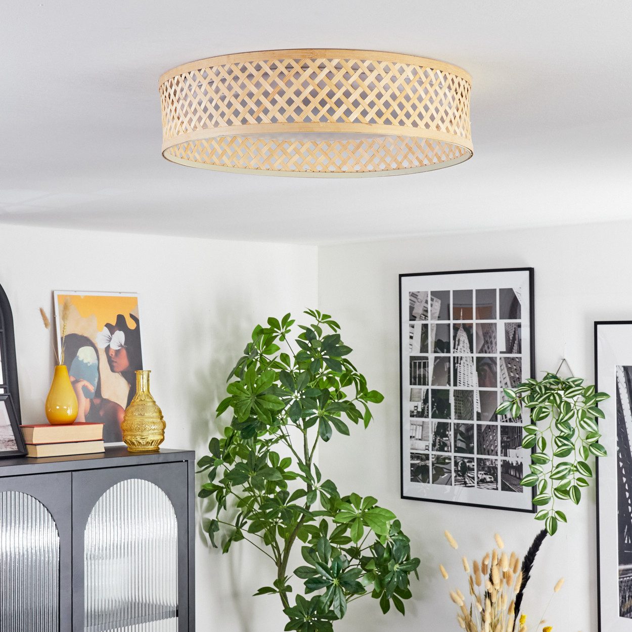 hofstein Deckenleuchte Deckenlampe dimmbar aus Metall/Bambus/Kunststoff in Weiß/Naturfarben, ohne Leuchtmittel, Deckenleuchte im Retro/Vintage/Boho-Design, Memo – Bild 5 von 5