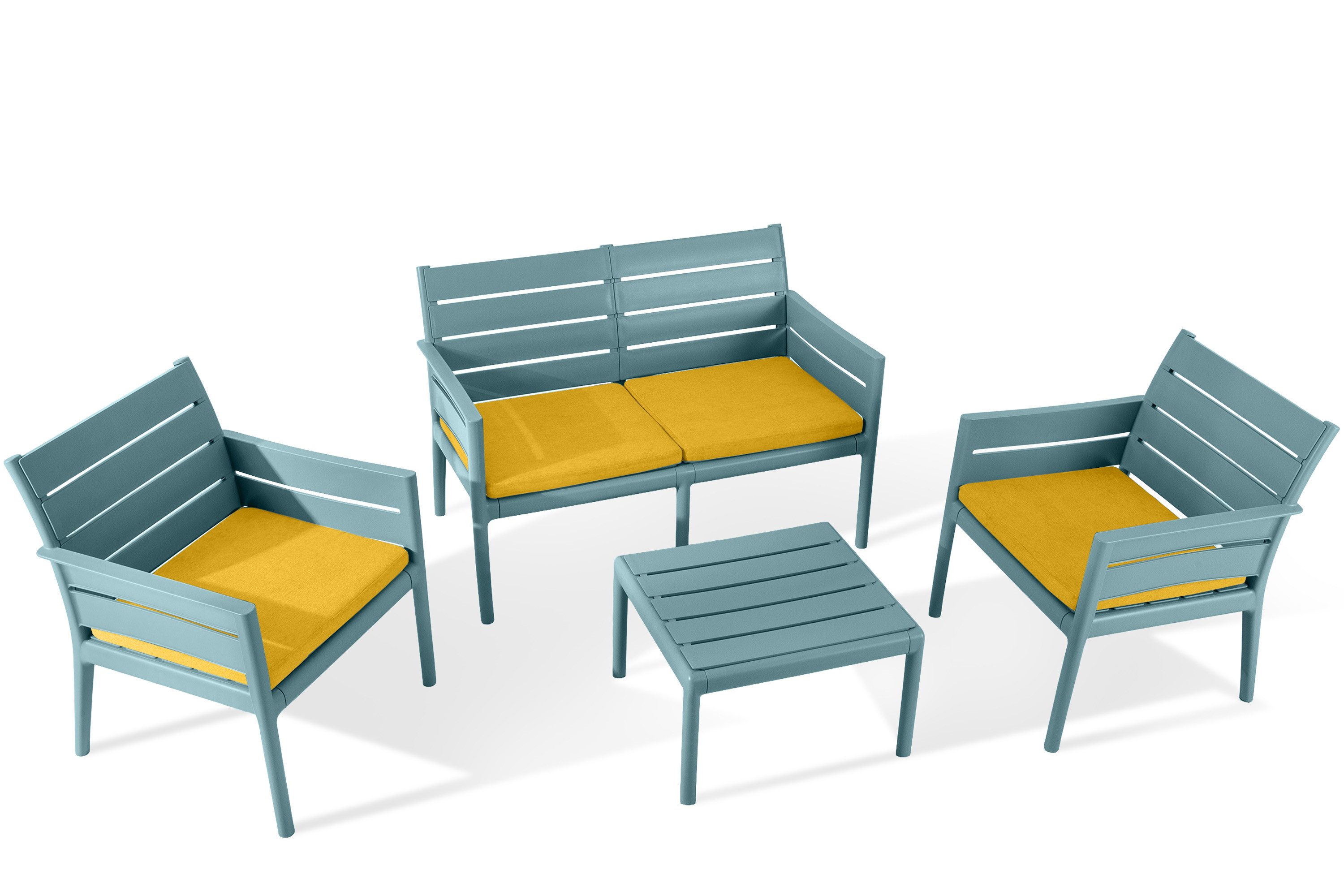 KONSIMO® Gartenlounge-Set MITTU Gartenmöbel-Set, Modern-Stil, italienische Premiumqualität, (4-tlg., 2x Sessel, 1x Sofa, 1x Tisch), aus recycelten Materialien, pflegeleicht, für 4 Personen