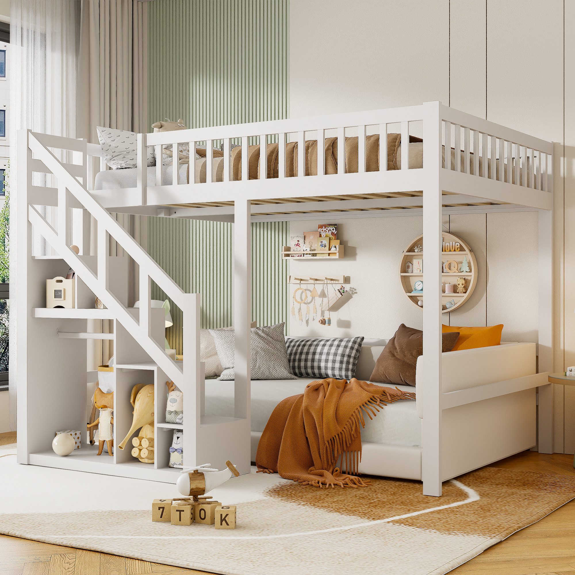 Simurq Hochbett Jugendbett 90x200 cm, Etagenbett, kinderbett (1 tlg, ohne Matratze, Mit Lattenrost) mit Treppe, Sicherheitsgeländer, Multifunktional Bettgestell