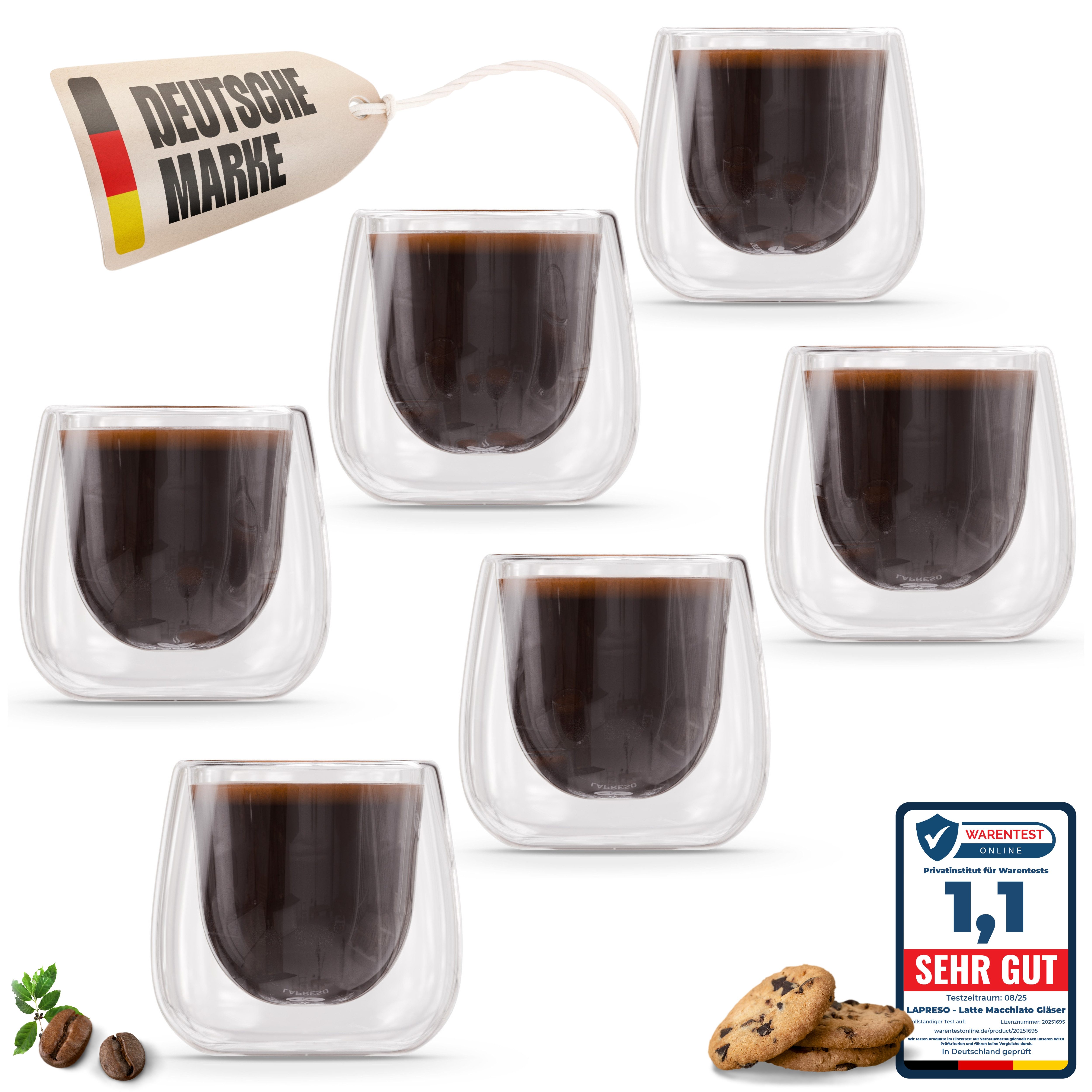 LAPRESO Espressoglas Doppelwandig Thermogläser Kaffeegläser Set 80 ml, 6-tlg., Borosilikatglas, 6er Set