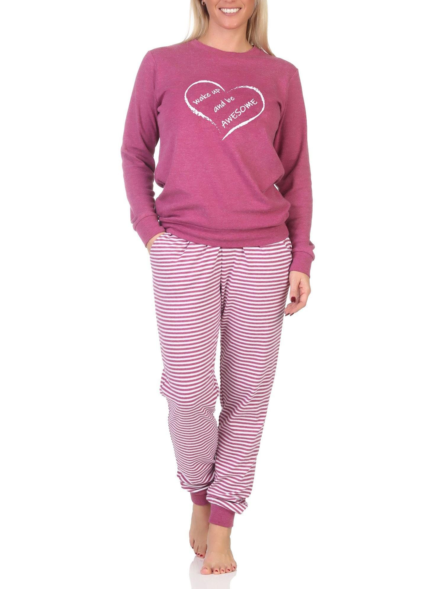 Pyjama Kuscheliger Damen Schlafanzug lang mit Bündchen und Herz Motiv