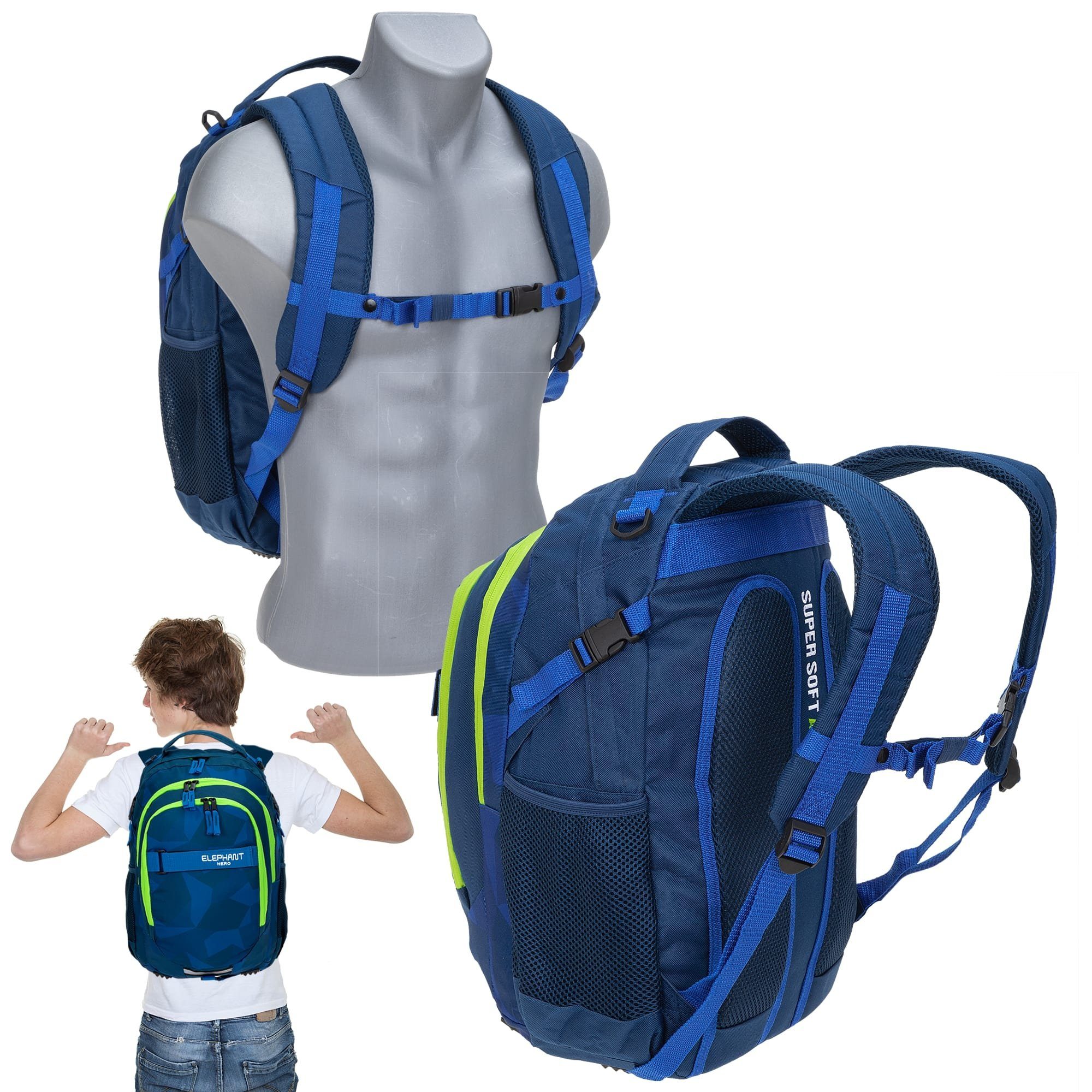 ELEPHANT Schulrucksack Hero Signature Schultasche (Set, 3-tlg., 3 Teile Rucksack Sporttasche Mäppchen Box), Softcase Schulranzen Schulmappe +rsm – Bild 4 von 5