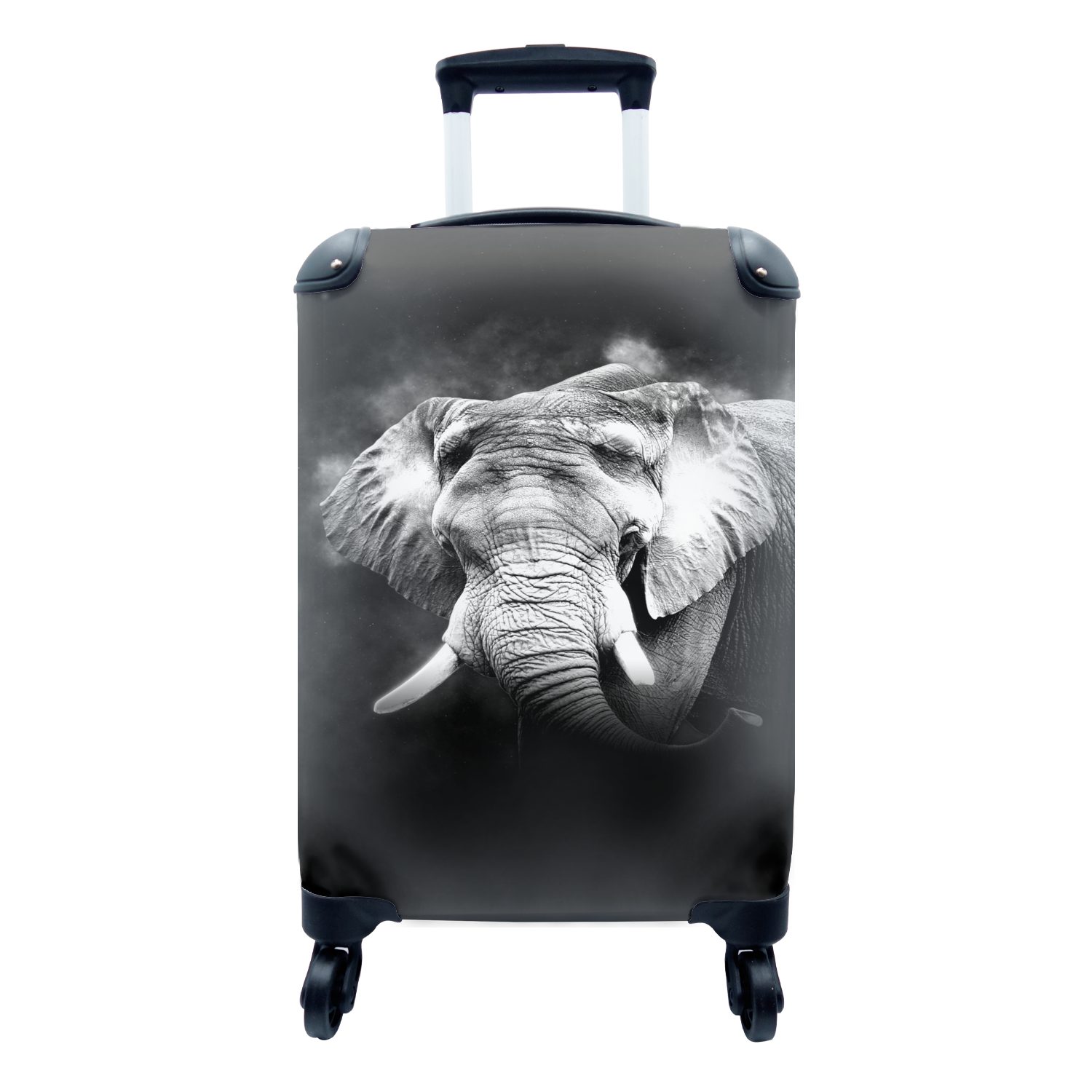 MuchoWow Handgepäckkoffer Elefant im Nebel vor schwarzem Hintergrund - schwarz und weiß, 4 Rollen, Reisetasche mit rollen, Handgepäck für Ferien, Trolley, Reisekoffer