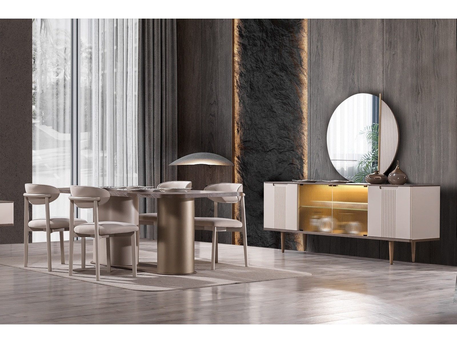 Villa Möbel Esszimmer-Set Santo, (Esszimmer-Set, 8-St., Esstisch, Sideboard und 6 Stühle), Esstisch aus Holz mit Stühlen und Sideboard mit Spiegel