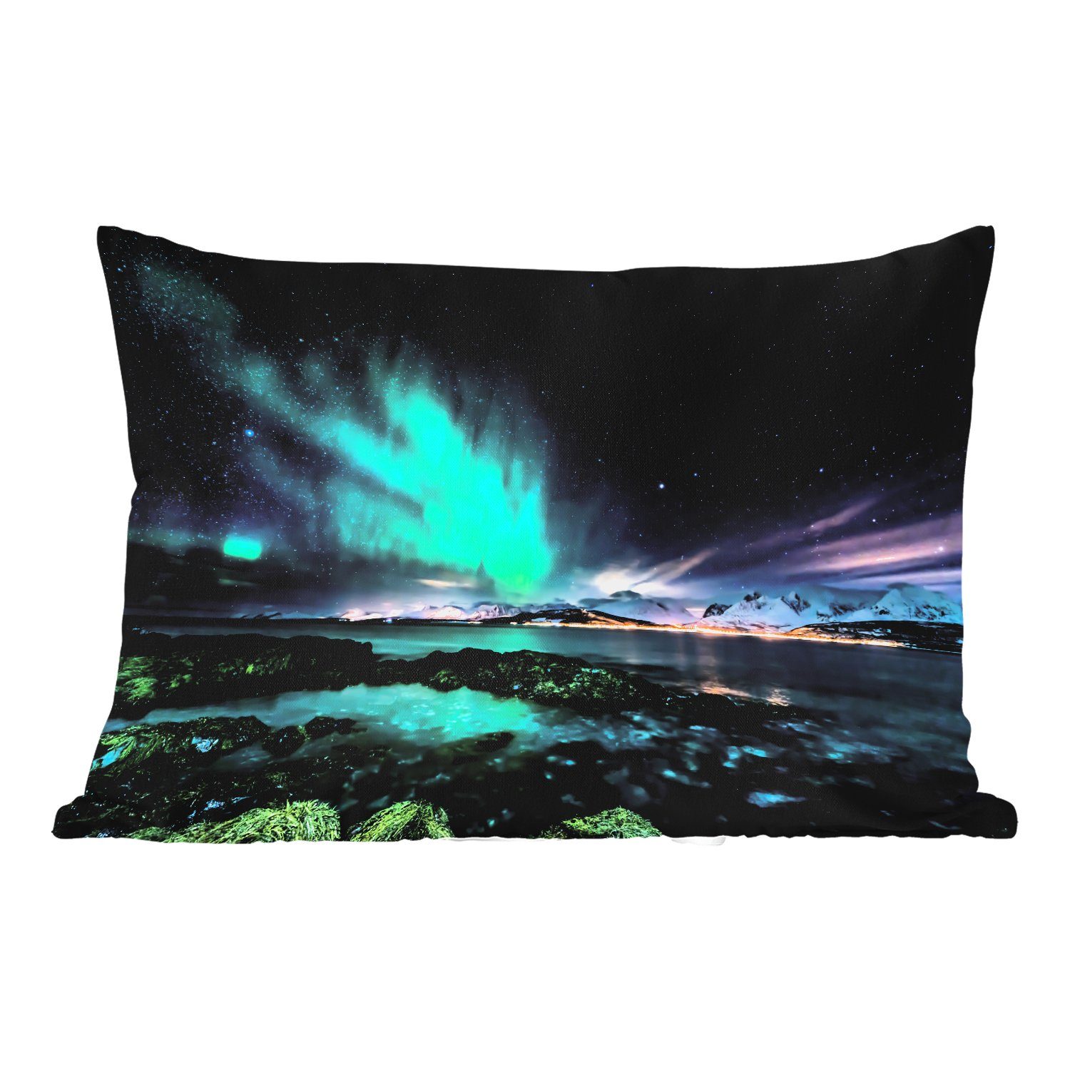 MuchoWow Dekokissen Nordlichter - See - Norwegen, Outdoor-Dekorationskissen, Polyester, Dekokissenbezug, Kissenhülle