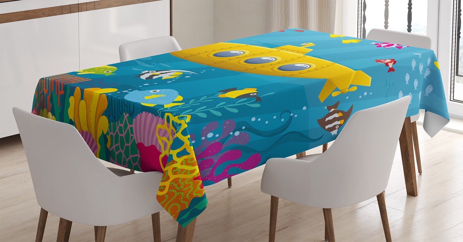 Abakuhaus Tischdecke Farbfest Waschbar Für den Außen Bereich geeignet Klare Farben, Gelbes U-Boot Korallenriff