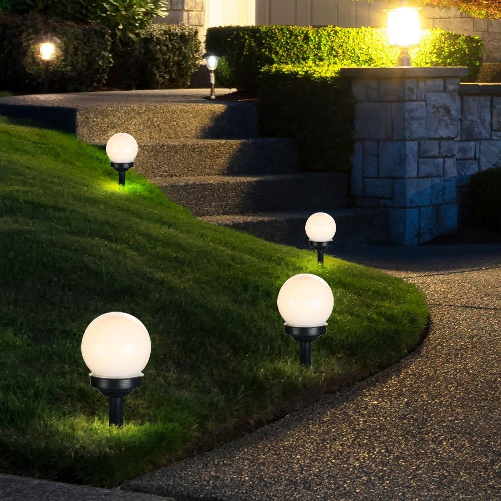 etc-shop LED Gartenleuchte, Lampen Spieß fest 5er LED Erd Steck Design Solar Set LED-Leuchtmittel Warmweiß, Kugel Außen verbaut