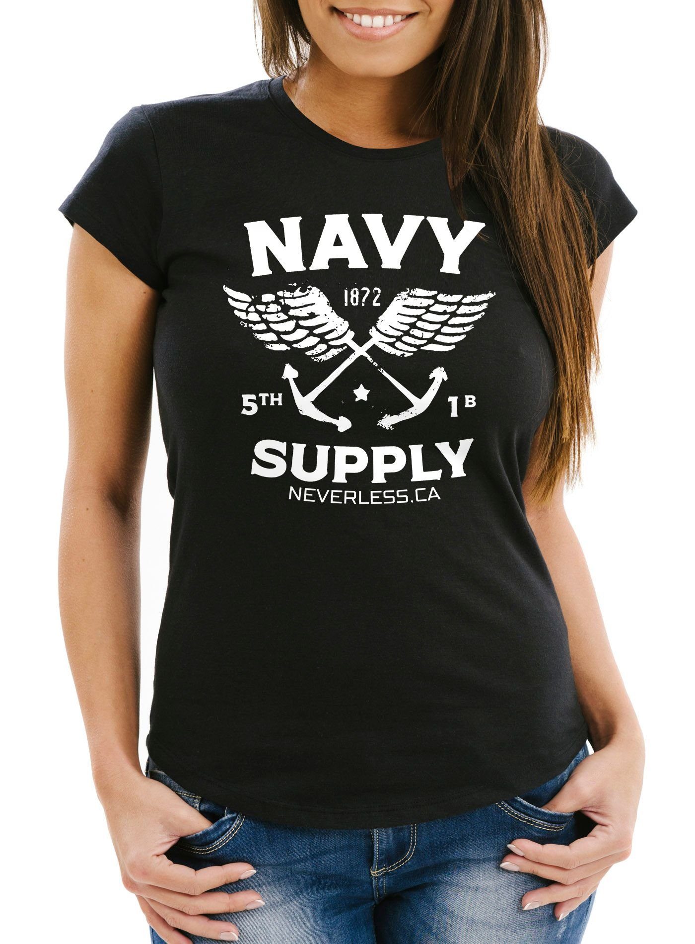 Neverless Print-Shirt Cooles Damen T-Shirt Nautical Maritim Anker Flügeln Navy Supply Vintage Neverless® mit Print