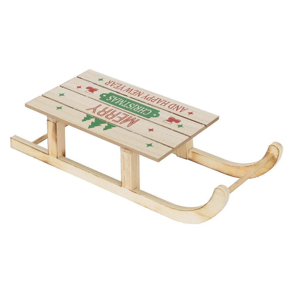 ECD Germany Weihnachtsfigur Dekoschlitten Retro Rodel Holzschlitten Weihnachtsdekofigur Winterdeko, Schlitten mit 35 LEDs inkl. Timer Schlittendeko aus Holz Warmweiß