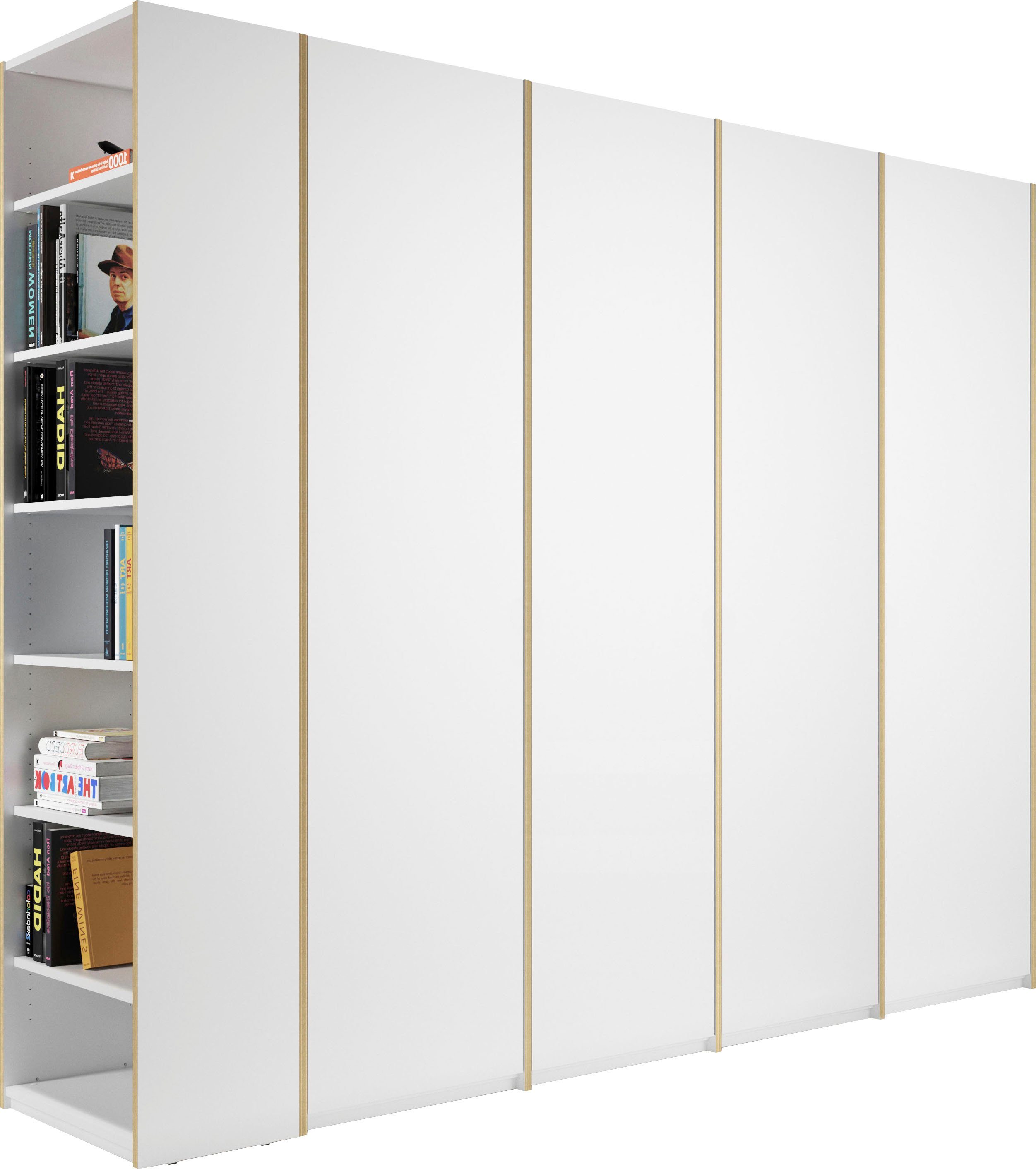 Müller SMALL LIVING Drehtürenschrank Modular Plus Variante 7 mit drei Anbauelementen, links oder rechts montierbarem Seitenregal weiß/birke | weiß/birke | Drehtürenschränke