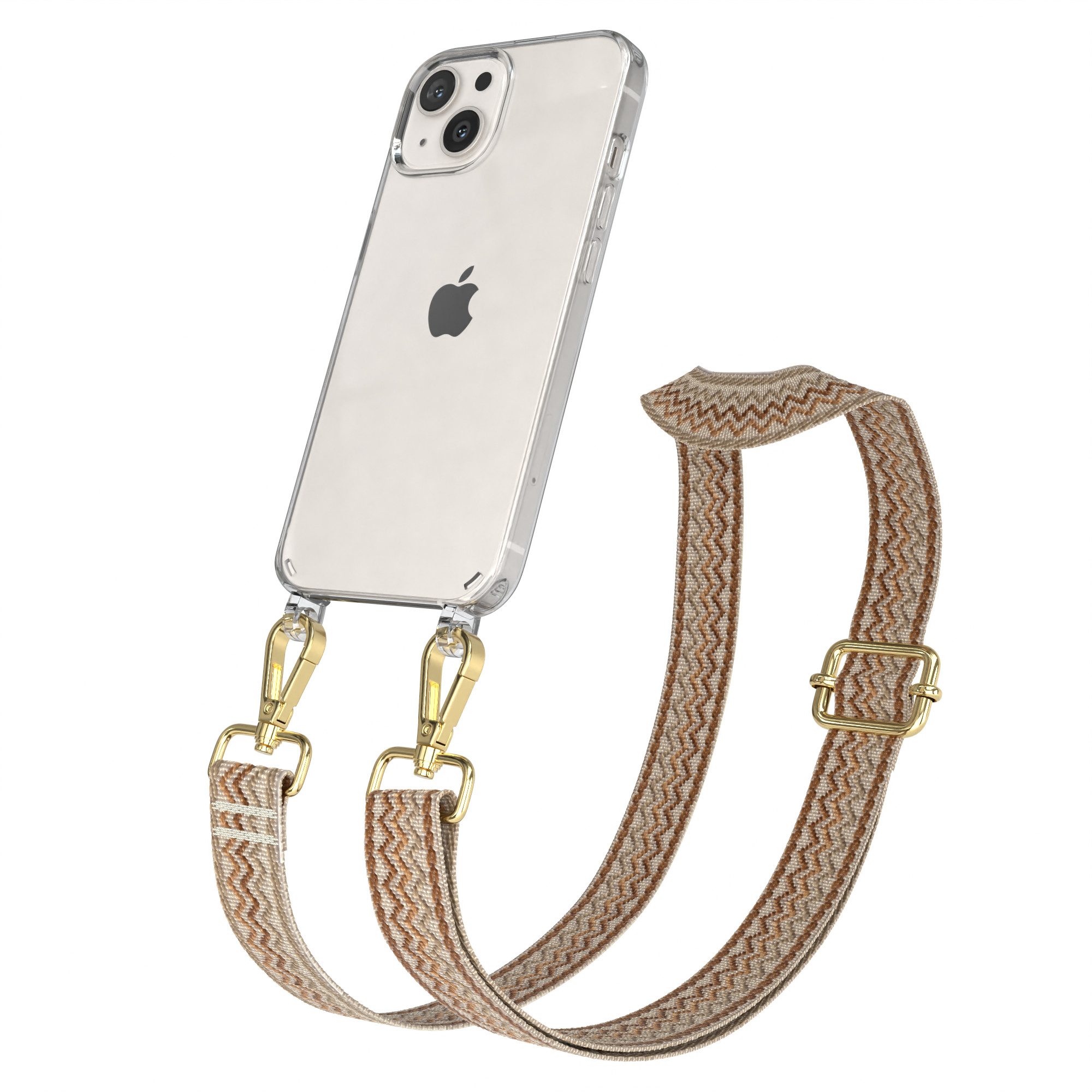 EAZY CASE Handykette Boho Umhängeband für Apple iPhone 13 6,1 Zoll, Schulterriemen Taschenband Handyband Clear Hülle mit Band Beige