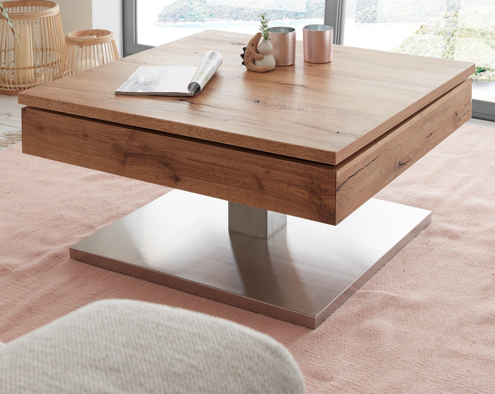 MCA furniture Couchtisch »Monrovia« (Wohnzimmertisch quadratisch, Eiche und  Edelstahl), mit Stauraum unter der Tischplatte