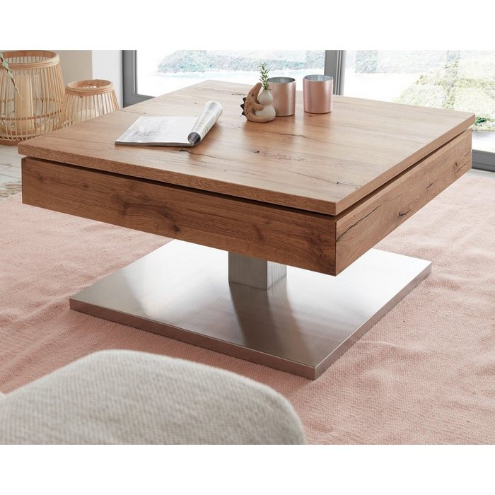 MCA furniture Couchtisch Monrovia (Wohnzimmertisch quadratisch Eiche und Edelstahl) mit Stauraum unter der Tischplatte