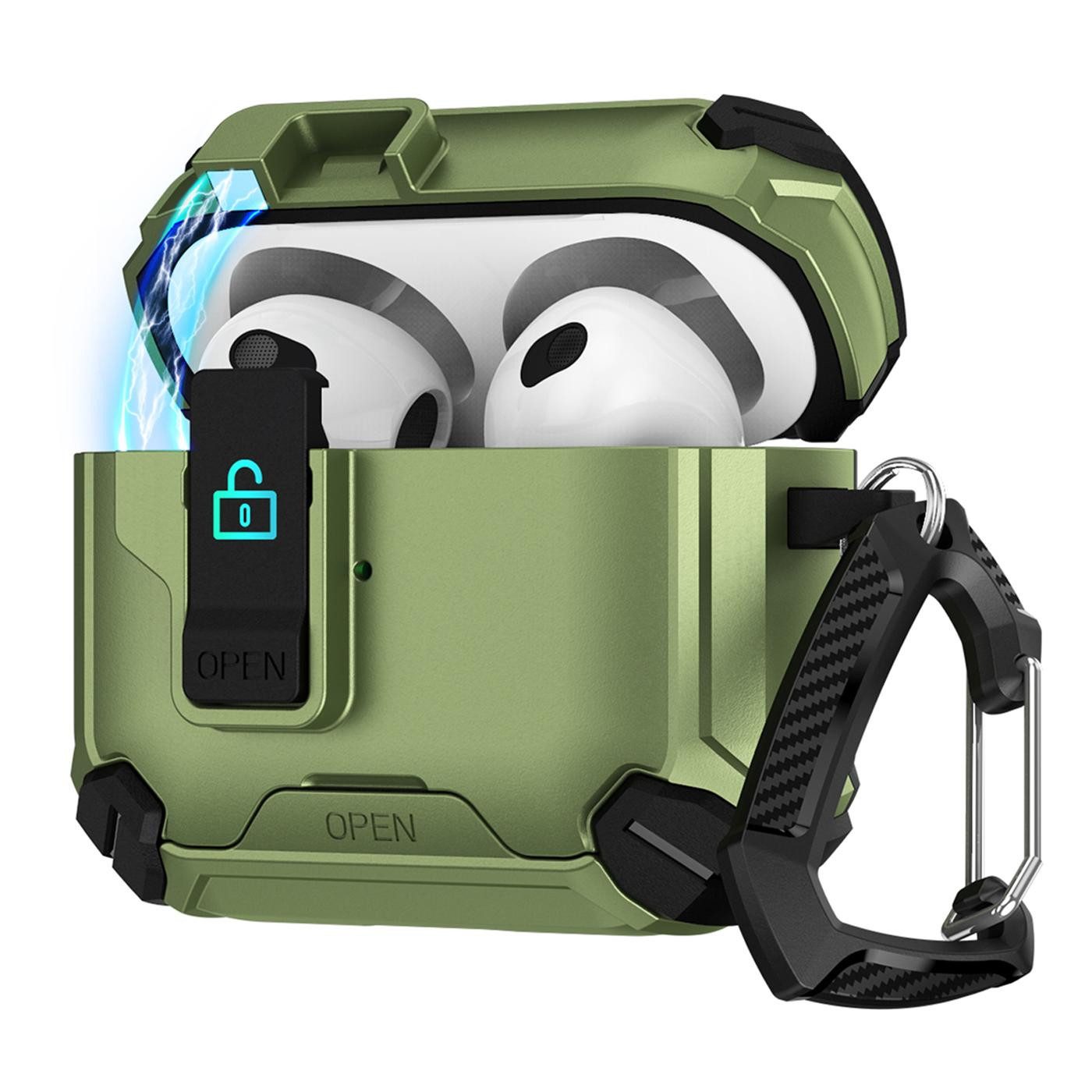 CoolGadget Kopfhörer-Schutzhülle Defender Hülle für Apple AirPods 1 / 2 magnetisch mit Karabiner, 360° Full-Body Case Schutzhülle Handy Standfunktion magnetisch ladbar