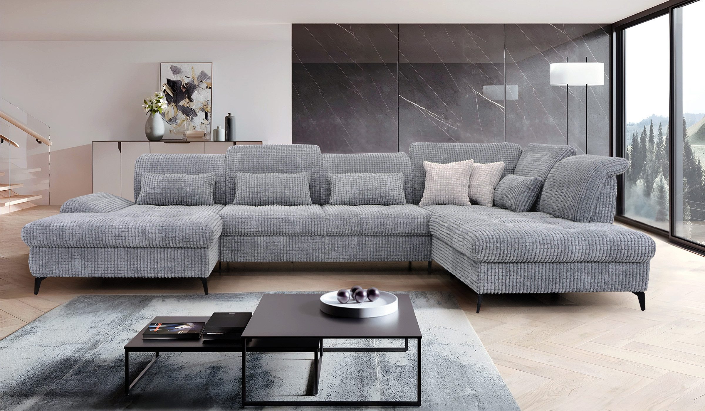 Hygger Möbelhaus Wohnlandschaft Nola XXL U-Form mit Schlaffunktion und Bettkasten 390 × 170/230 cm, XXL Sofa U Form Eckcouch B × T₁ / T₂: 390 × 170/230 cm, Ecksofa, Hergestellt in Europa
