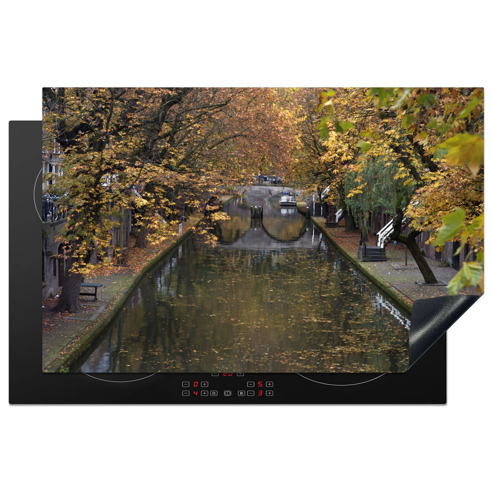 MuchoWow Herdblende-/Abdeckplatte Utrecht - Brücke - Wasser - Herbst, Vinyl, (1 tlg), 81x52 cm, Induktionskochfeld Schutz für die küche, Ceranfeldabdeckung