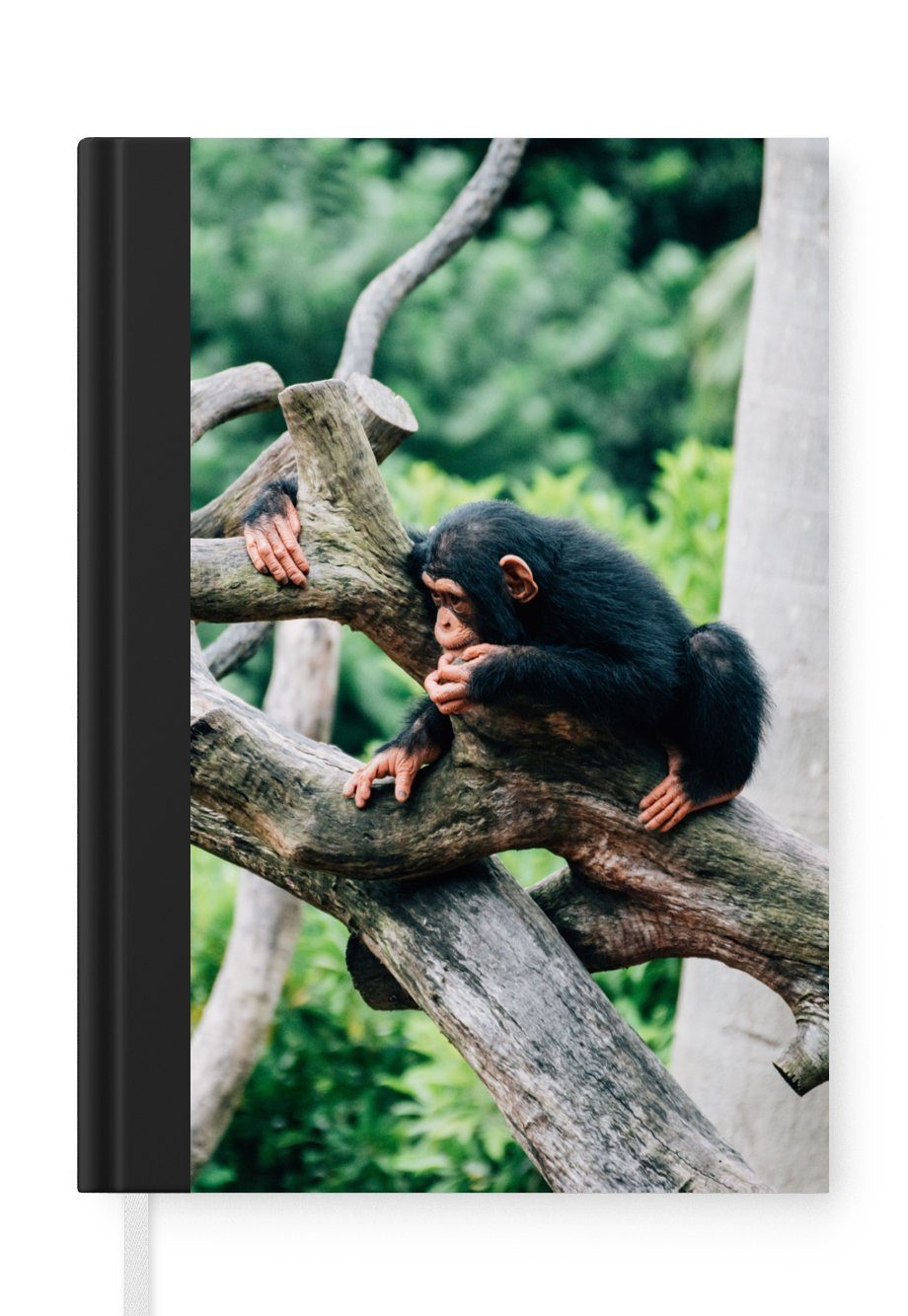 MuchoWow Notizbuch Junger Schimpanse im Dschungel, Journal, Merkzettel, Tagebuch, Notizheft, A5, 98 Seiten, Haushaltsbuch
