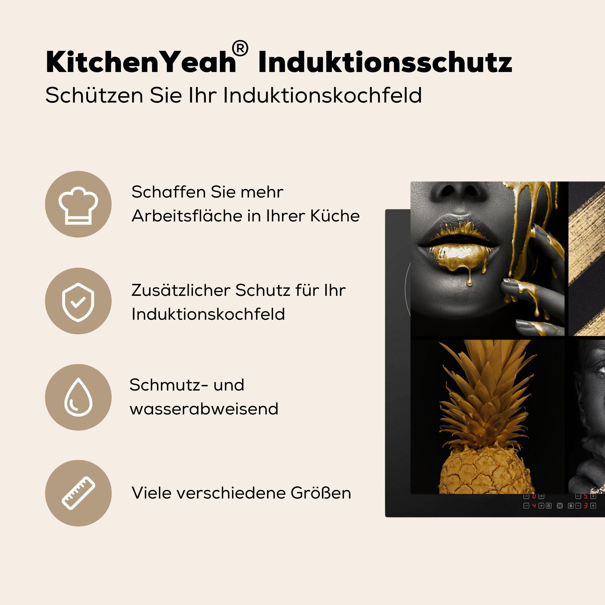 Frauen, - 78x78 Herdblende-/Abdeckplatte küche - Vinyl, Gold cm, Collage Farbe - Arbeitsplatte für (1 tlg), Ceranfeldabdeckung, MuchoWow