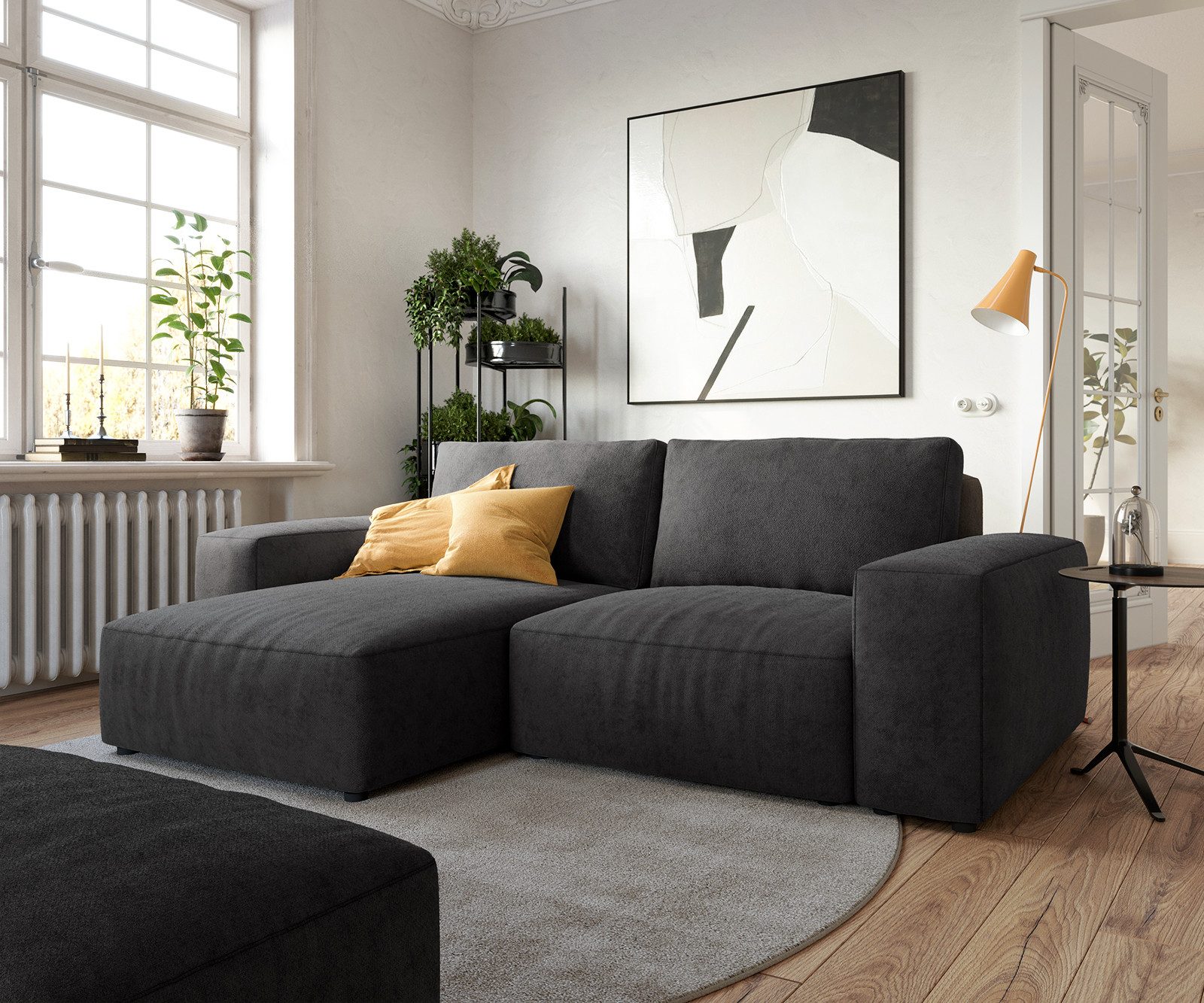 DELIFE Ecksofa Lanzo, Mikrofaser Schwarz 230x155 cm Recamiere variabel mit Hocker