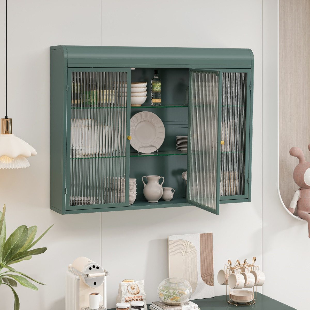 IDEASY Hängeschrank mit 3 Türen, Küchenschrank, Gewölbte Wandschränke aus Glas (Moderner und eleganter Badezimmerschrank mit reichlich Stauraum) 90*20*70cm Medizinschrank für Küche, Wohnzimmer und Bad