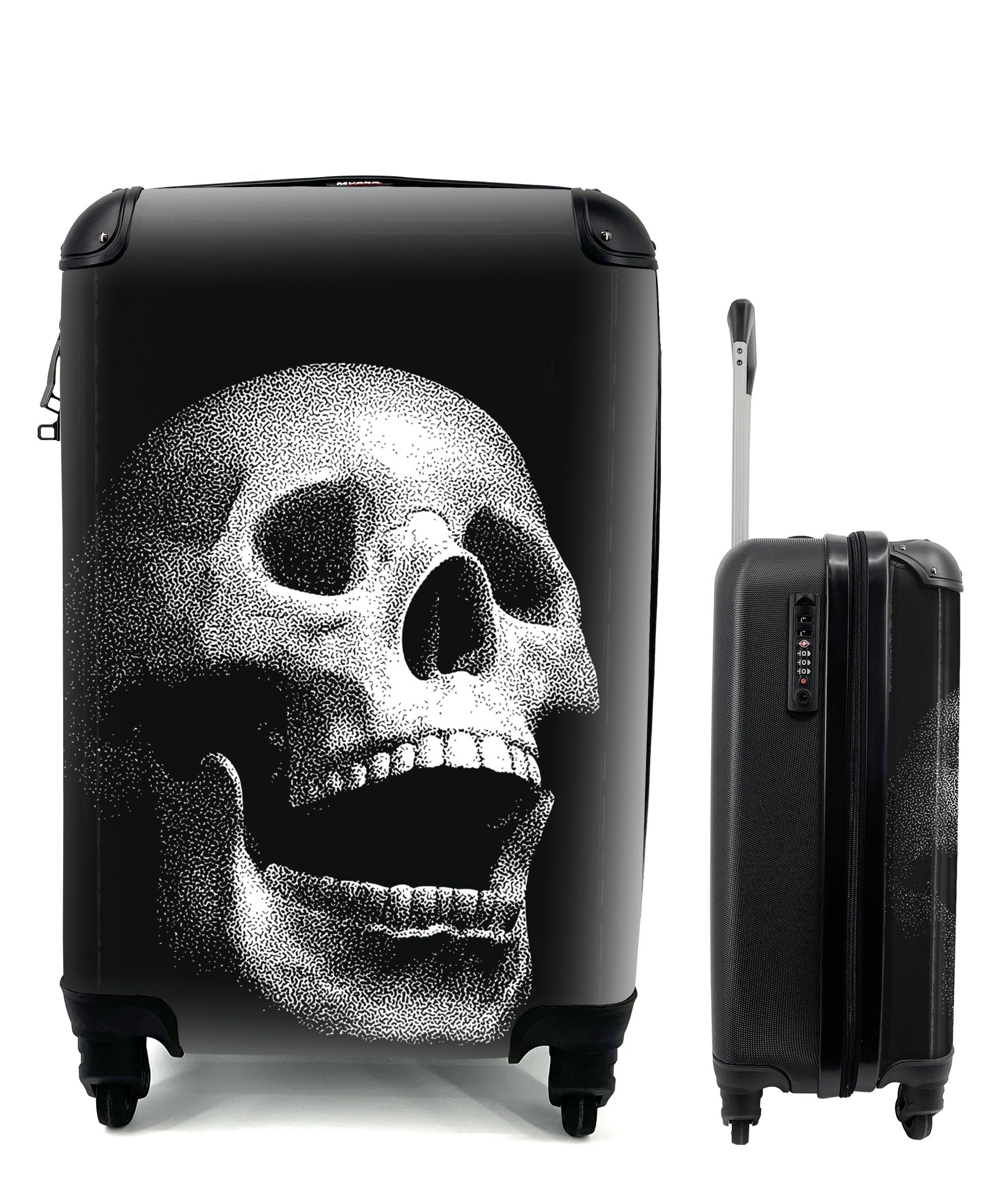 MuchoWow Handgepäckkoffer Eine schwarz-weiße Illustration eines natürlichen Schädels, 4 Rollen, Reisetasche mit rollen, Handgepäck für Ferien, Trolley, Reisekoffer