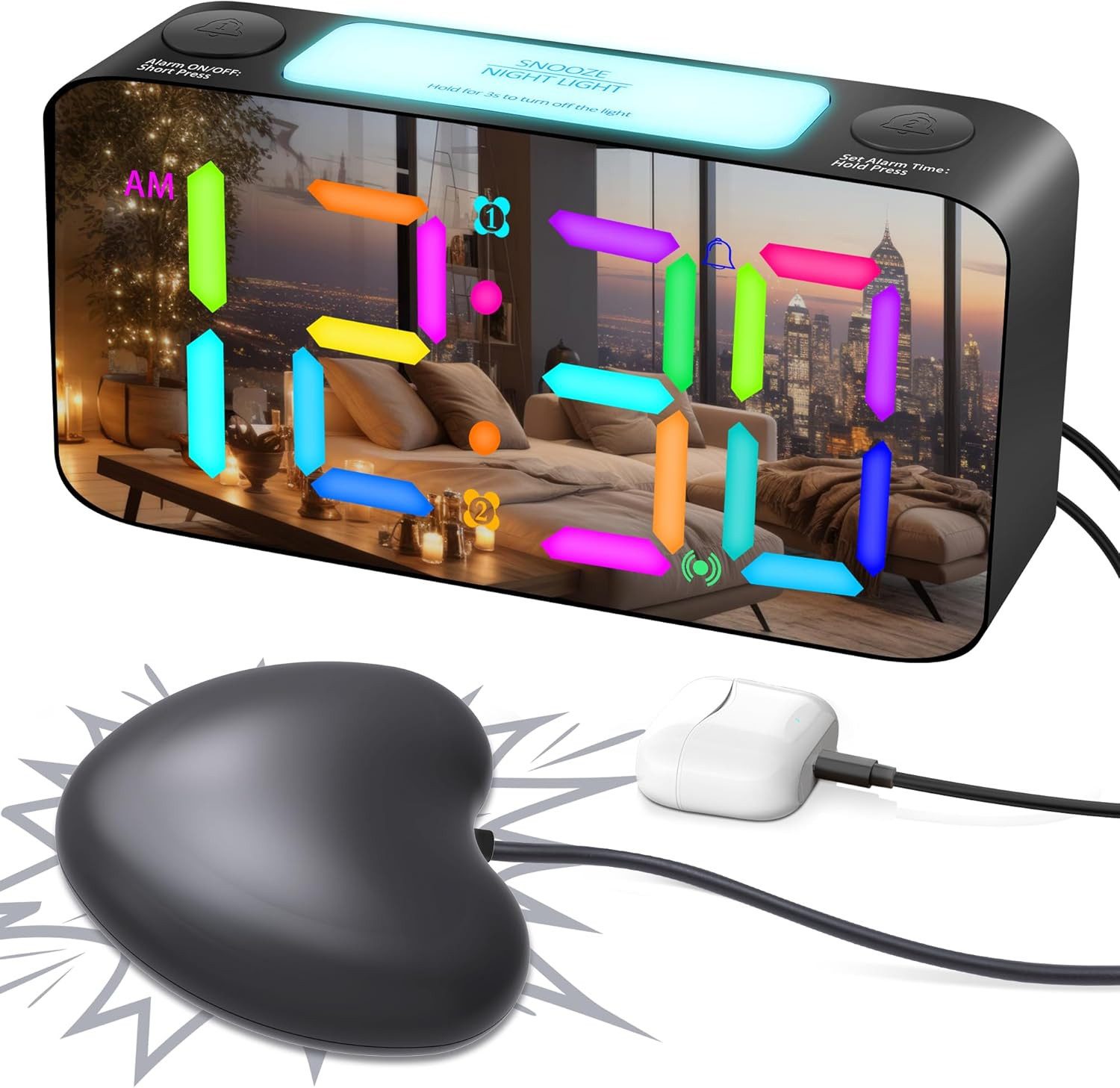 Minicloss Wecker Bettvibration, 15-buntes LED-Display,7-farbiges Nachtlicht