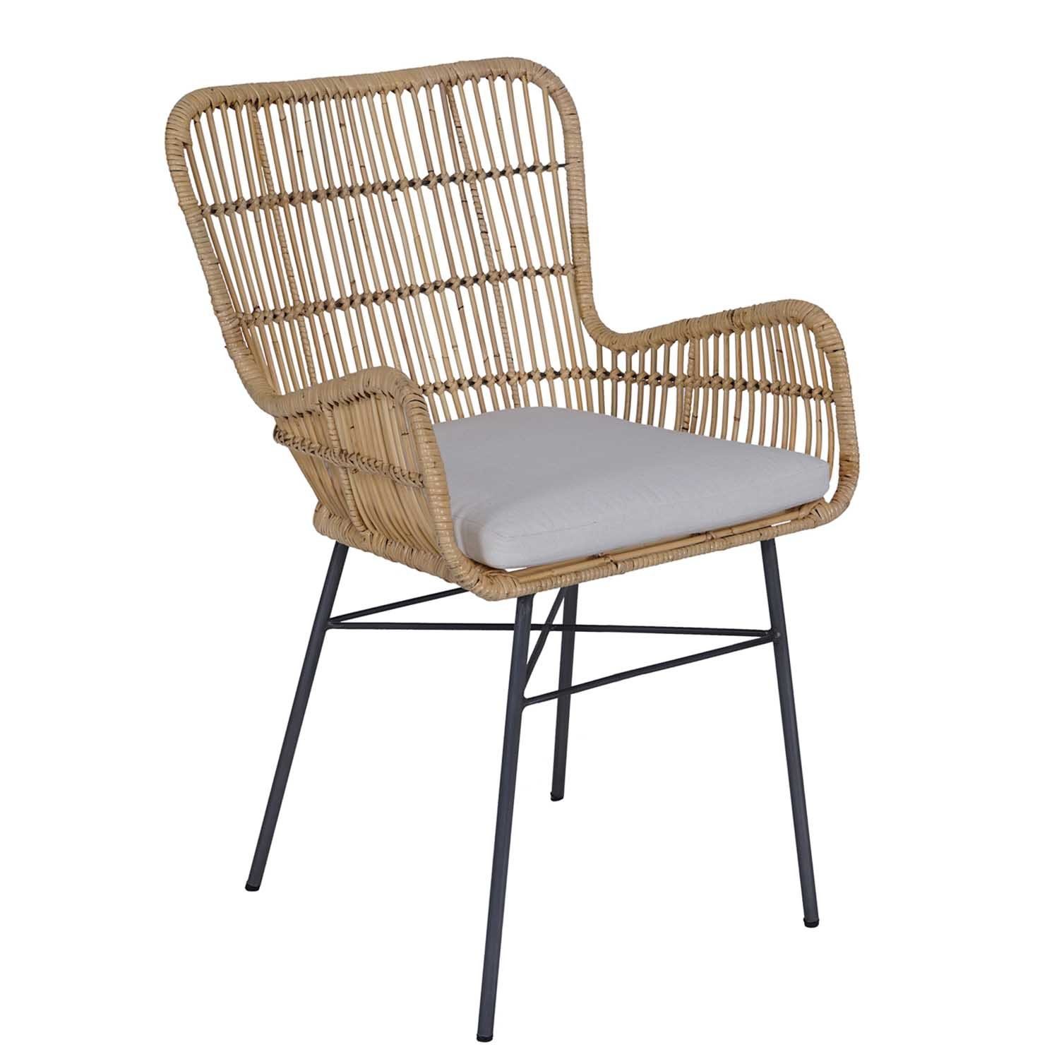 Casa Moro Rattanstuhl Rattan Sessel Gusti mit Sitzkissen Retrostuhl, aus Naturrattan und Schmiedeeisen handgefertigt