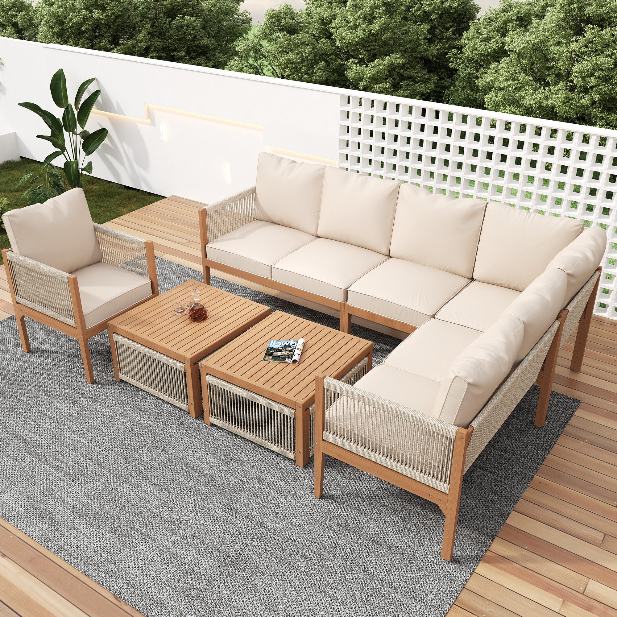 HAUSS SPOLE Gartenlounge-Set für 7-8 Personen,Sitzgruppe mit Kissen und Couchtisch,Beige+Natur, (Gartenlounge Set mit abnehmbarer und waschbarer Stoffbezug, im Garten, auf dem Balkon oder auf der Terrasse), wasserdicht, sonnenbeständig und leicht zu reinigend