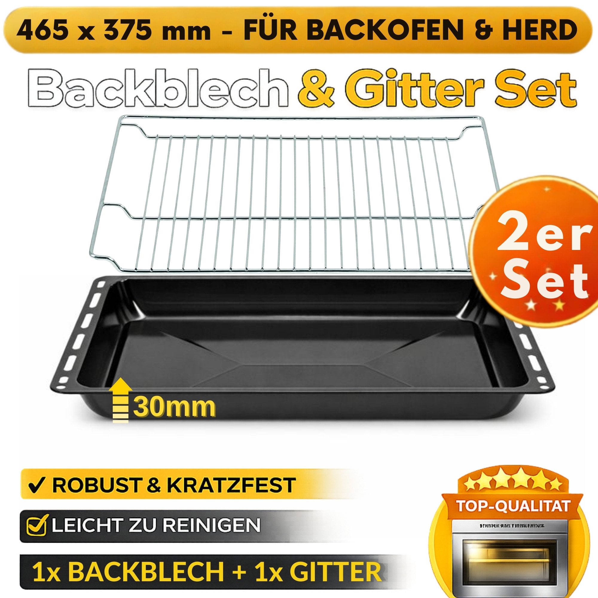 ICQN Backblech 465 x 370 x 30 mm, Emaille, (Set mit Backofenrost, 2-St), Passend für Bosch, Neff, Constructa, Beko, Samsung, Teka