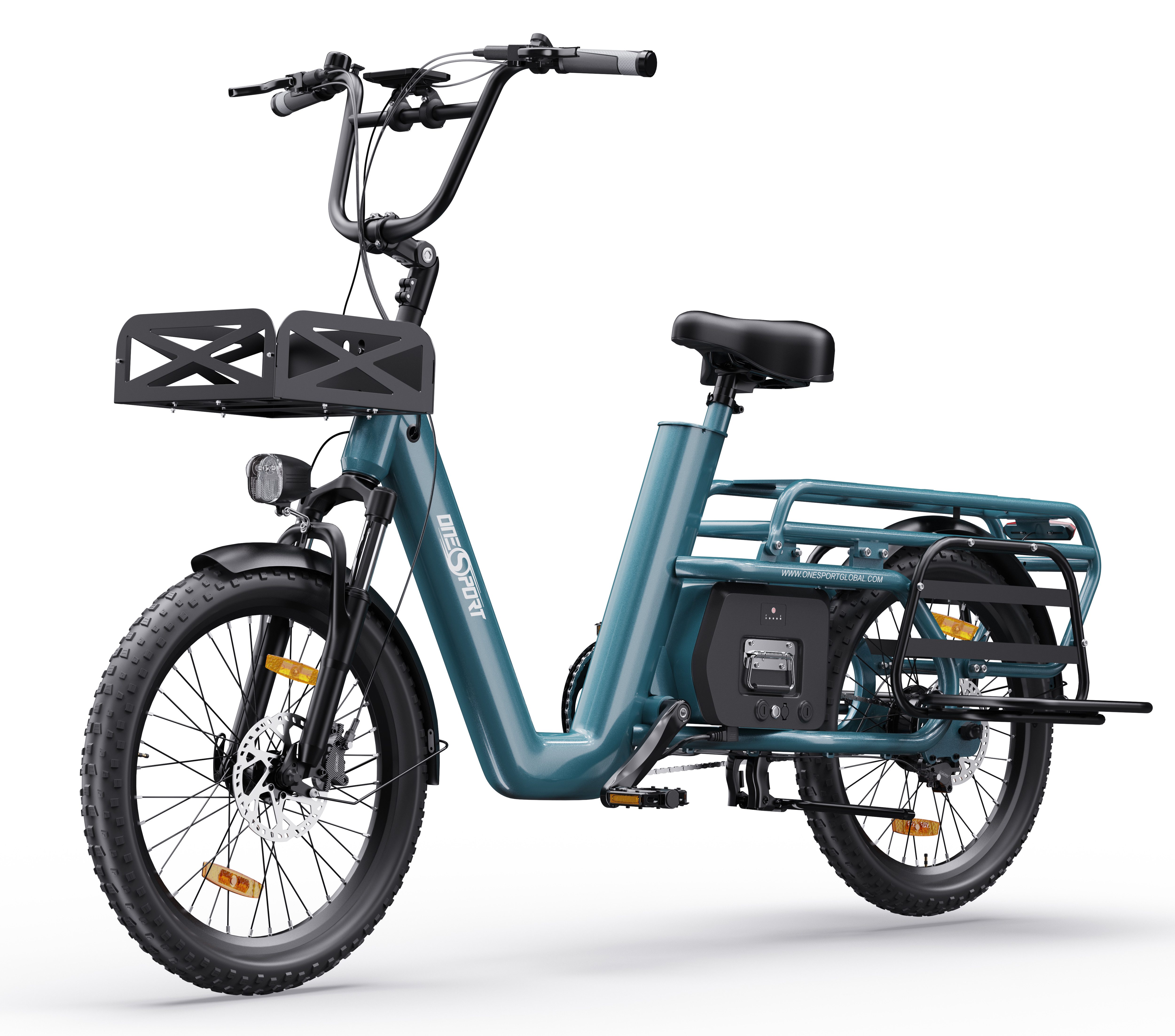 Onesport E-Bike Cityrad OT01 Cargo Damen u. Herren 250W, 48V, Geländereifen 20x2.6, Kettenschaltung, Heckmotor, 1296 Wh, elektrischen Bremshebel mit Scheibenbremesen, 20° Steigfähigkeit