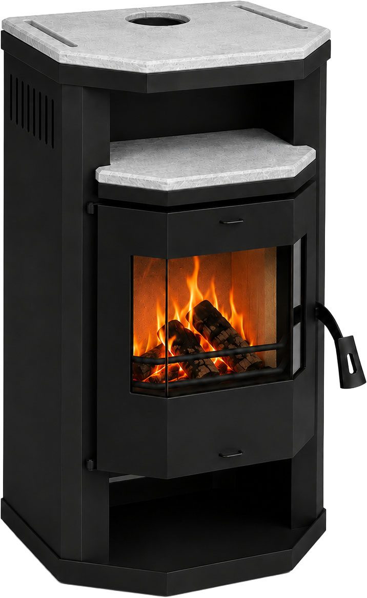 Hanseatic Kaminofen "Prios" Top und Teefach Platte, 6,4 kW, Zeitbrand, Stein Top und Teefach-Platte