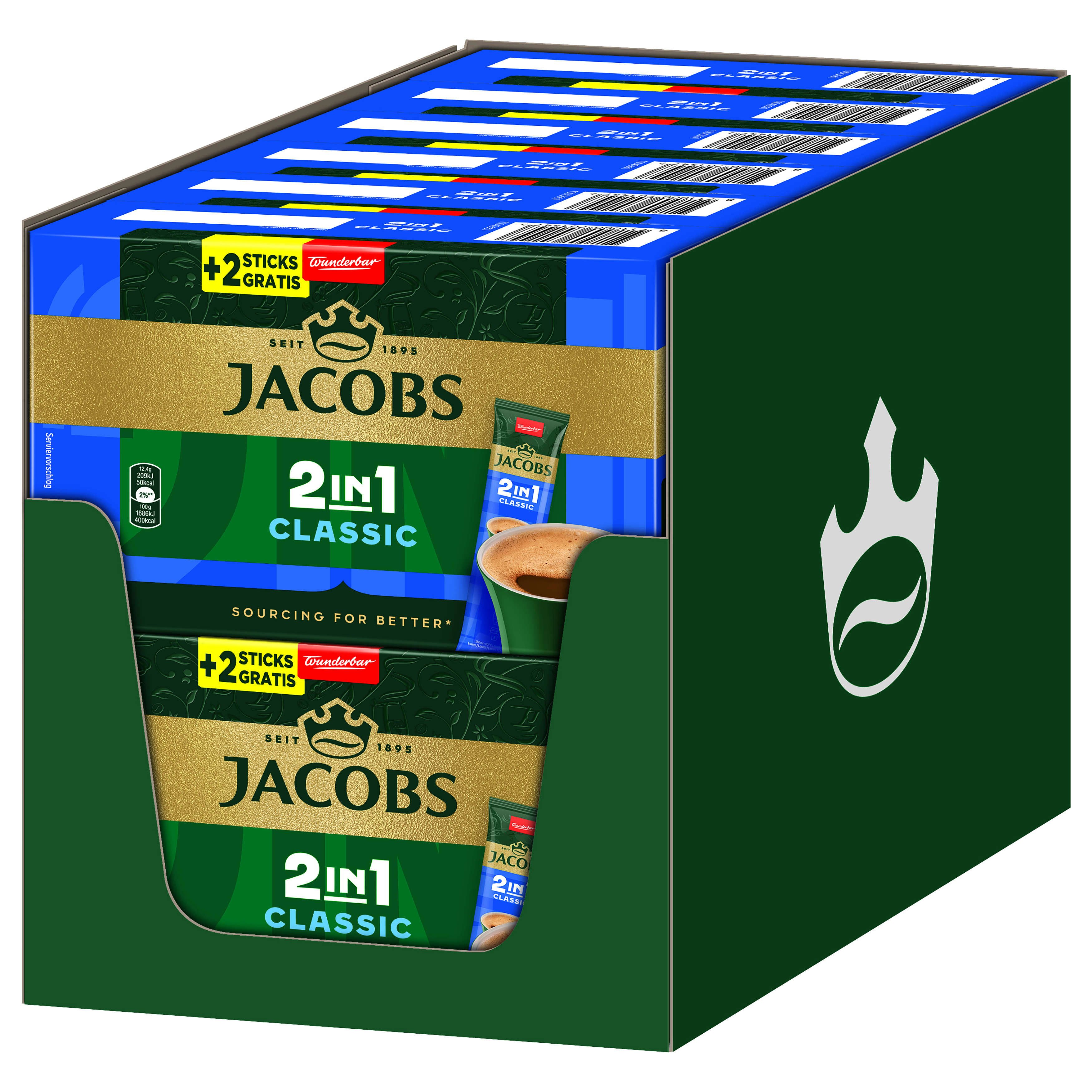 JACOBS Kaffee Löskaffee 2in1 Classic löslicher Kaffee Instantkaffee 12 x 10+2 Sticks, 1786 g, (Packung, 12er Pack)