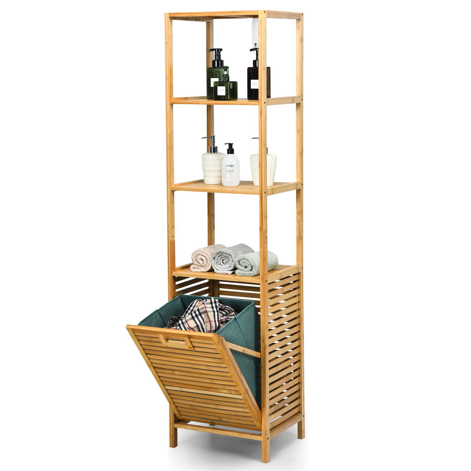 COSTWAY Wäschekorb 3 Badezimmerschrank, Bambus 40x33x160cm Regalen, mit aus