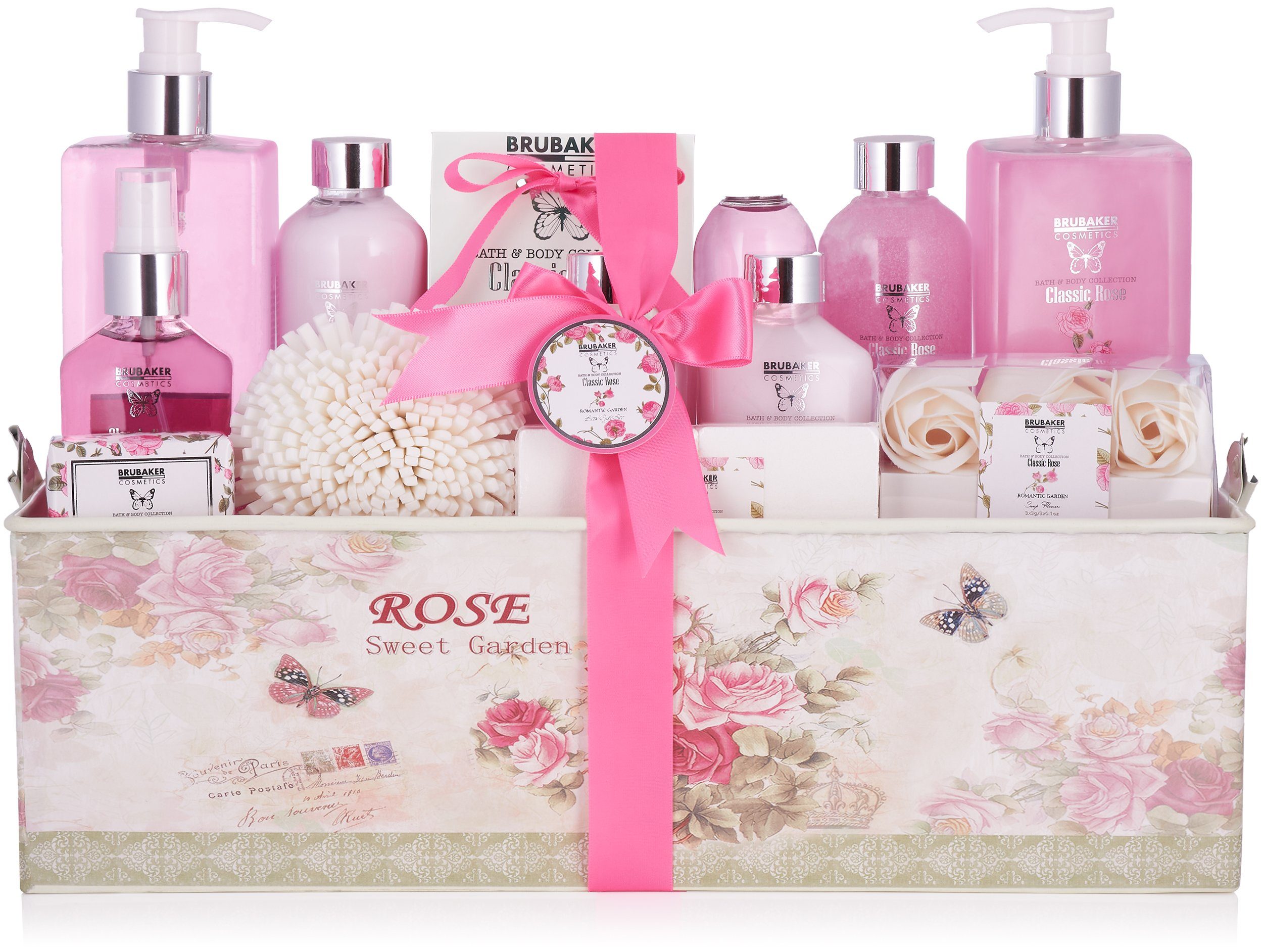 BRUBAKER Körperpflege-Set Bade- und Dusch Set 17-tlg., Geschenkset in Vintage Geschenkbox, Rosen Duft mehr