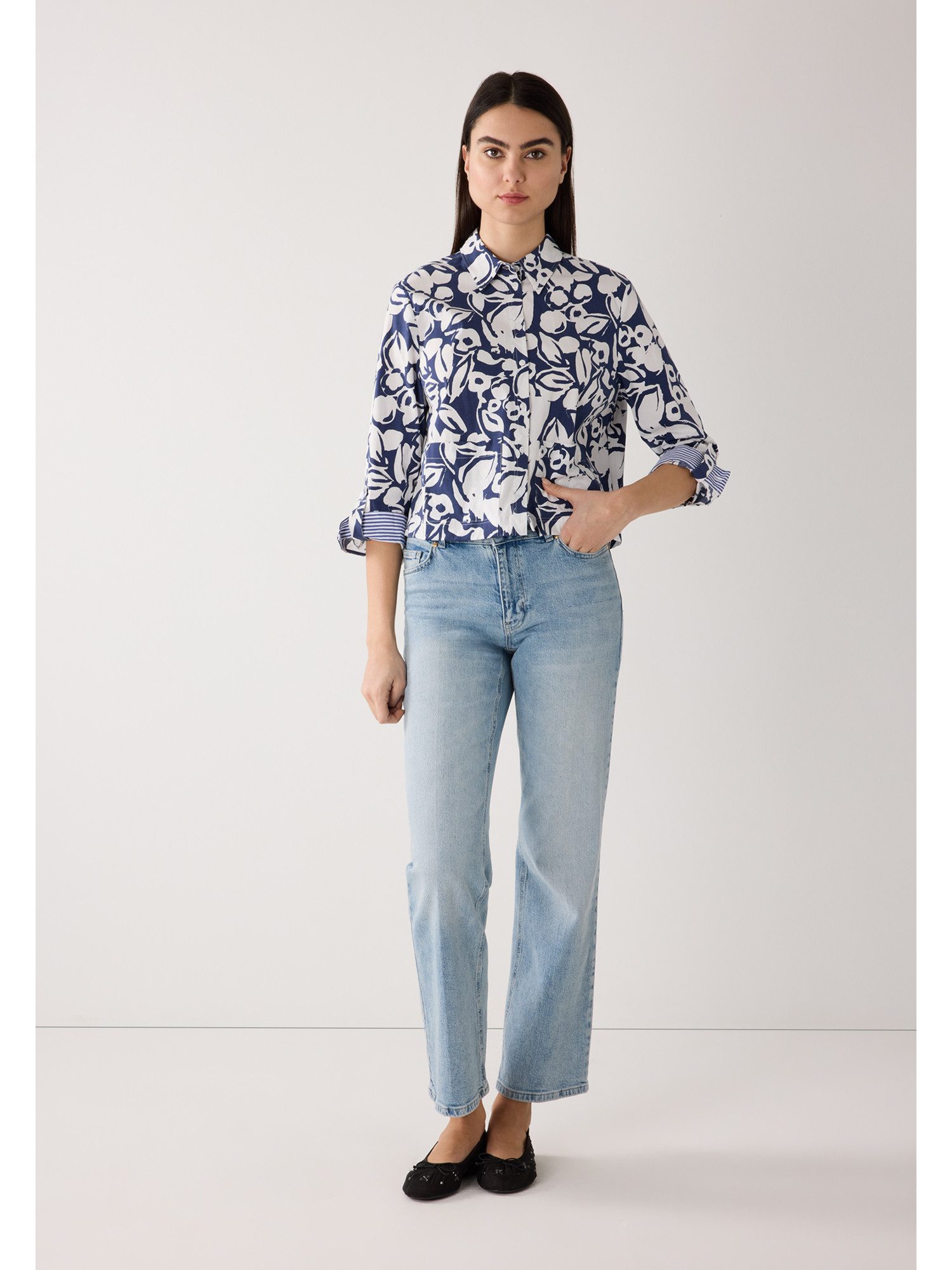 MORE&MORE Langarmbluse kurze, weite Flowerprint Bluse günstig online kaufen
