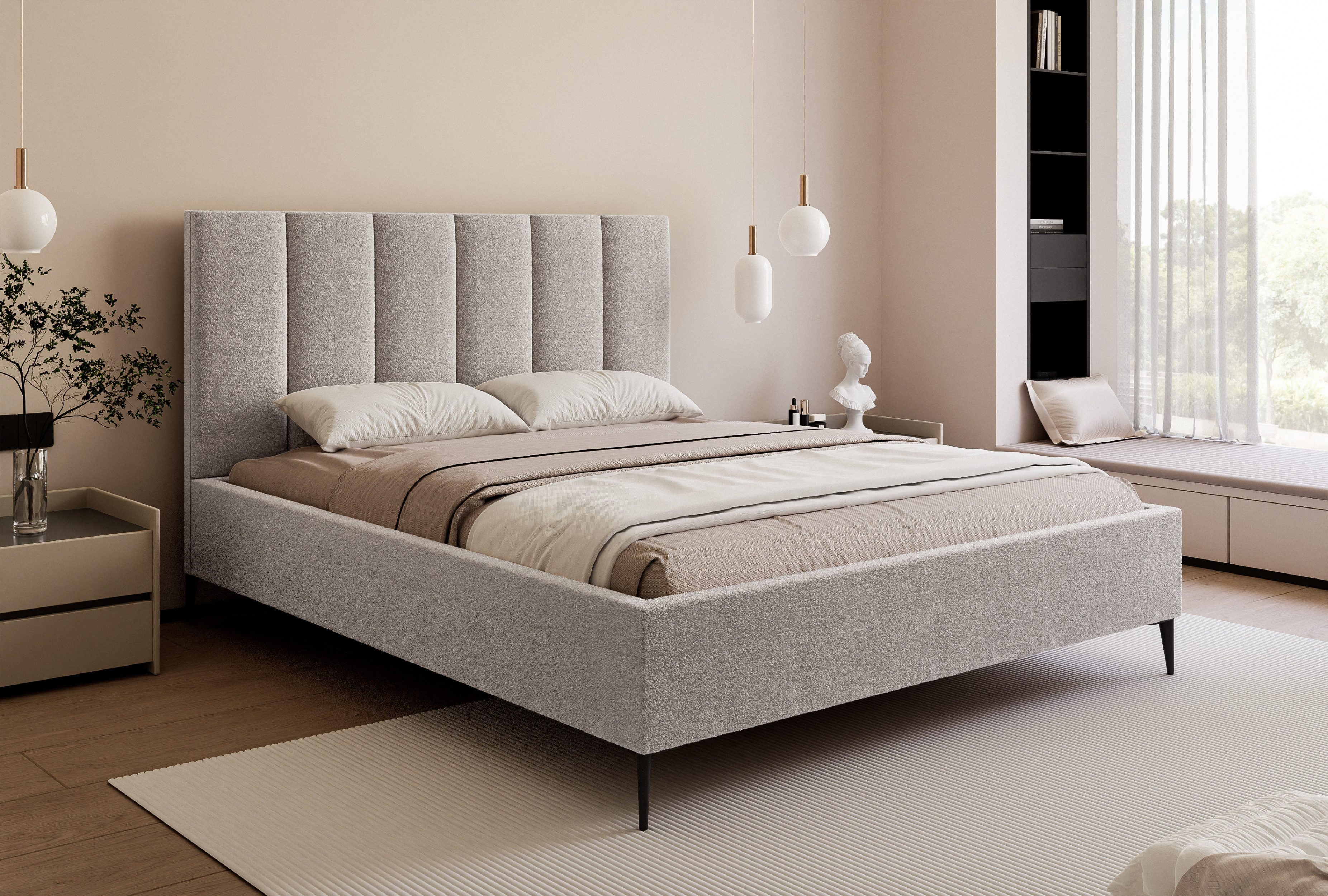 Goldstoff Polsterbett Modernes Bett "GERMAIN" mit hohem Kopfteil und integriertem Bettkasten (120–200x200 cm, Kopfteilhöhe: 90/110 cm, Seitenhöhe: 25/40 cm), Elegantes Bett mit Stauraum und wählbarer Kopfteilhöhe