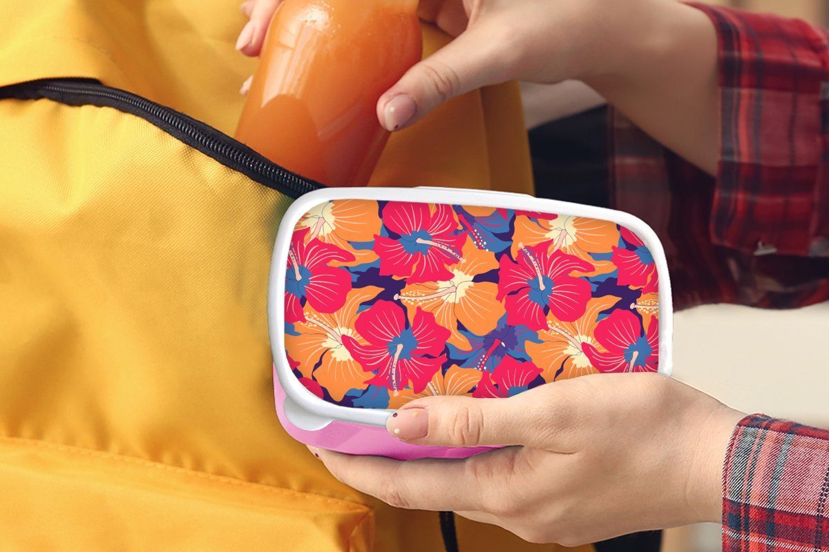 MuchoWow Lunchbox Sommer - Blumen Muster, Brotbox rosa Snackbox, Kunststoff Hawaii Kinder, Brotdose - (2-tlg), für Erwachsene, - Kunststoff, Mädchen