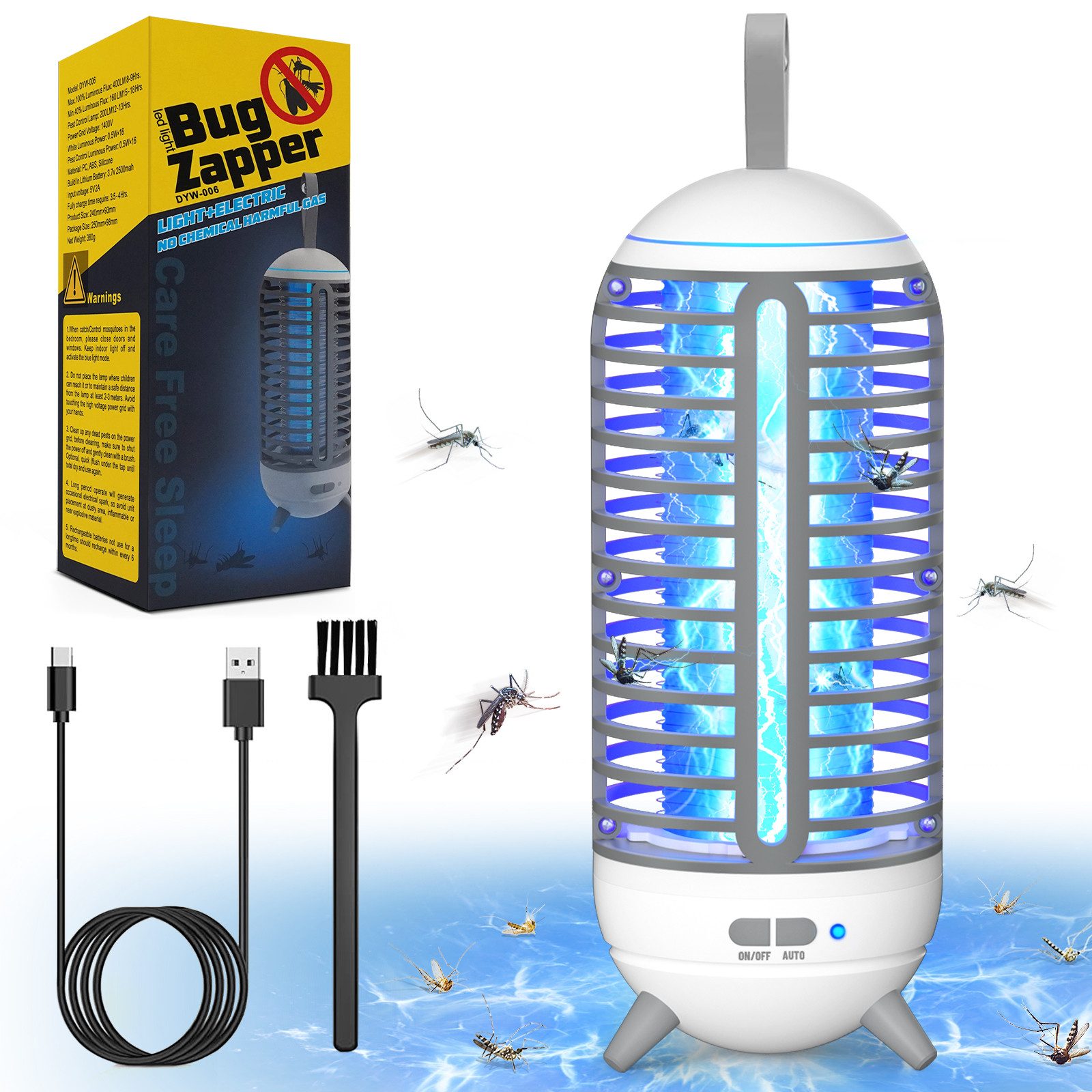 Fanttik Insektenvernichter Elektrisch, Mückenlampe Mit LED-Licht, 2500mAh Akku Moskito Killer, Fliegenfalle Mückenfalle für Innen, Wasserdicht