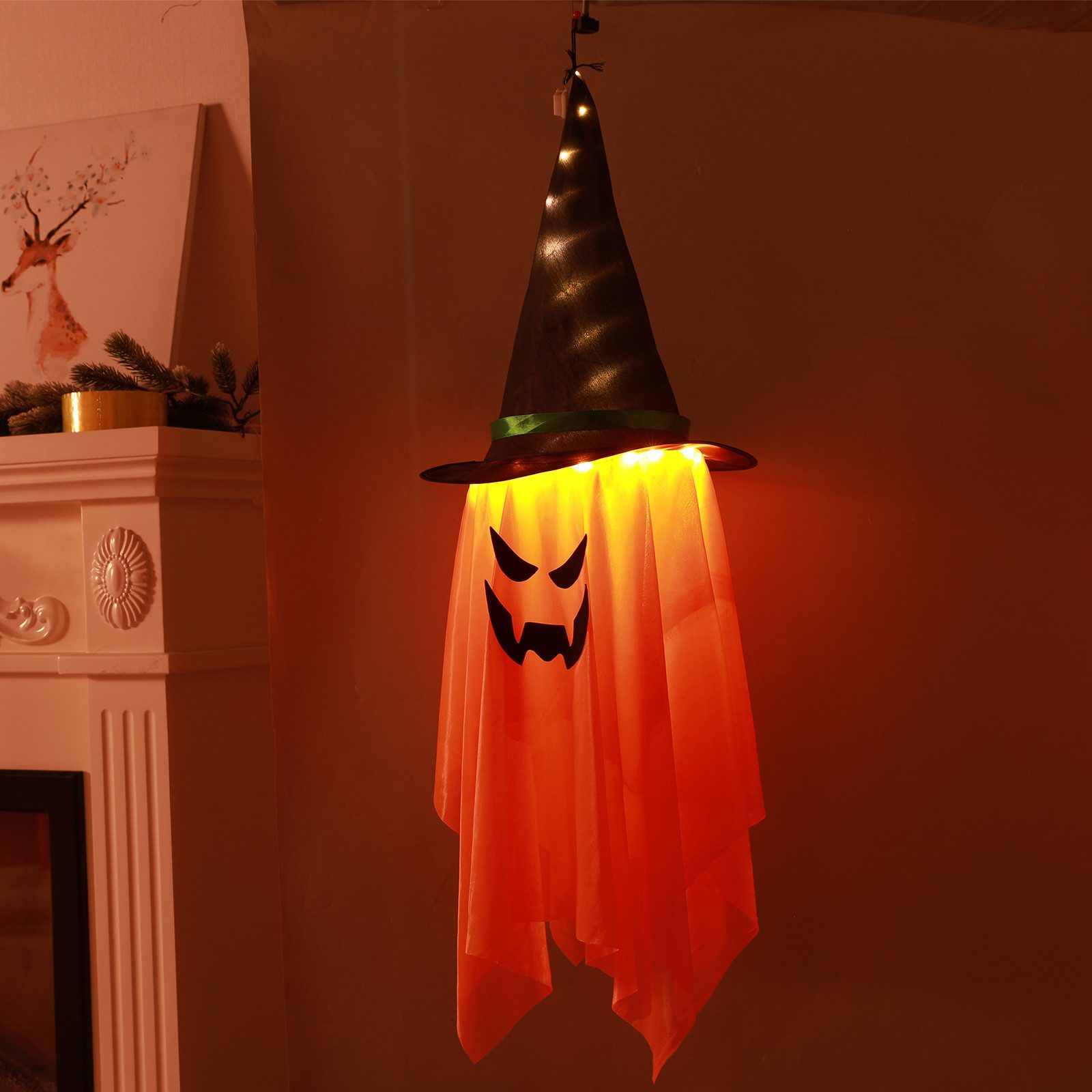 Lapamax Dekohänger Halloween Deko Geist hängend, LED Gespensterleuchte mit Hexenhut (1 St), Gruseldeko für Garten, Balkon, Tür, Baum, Fenster, Party & Bar