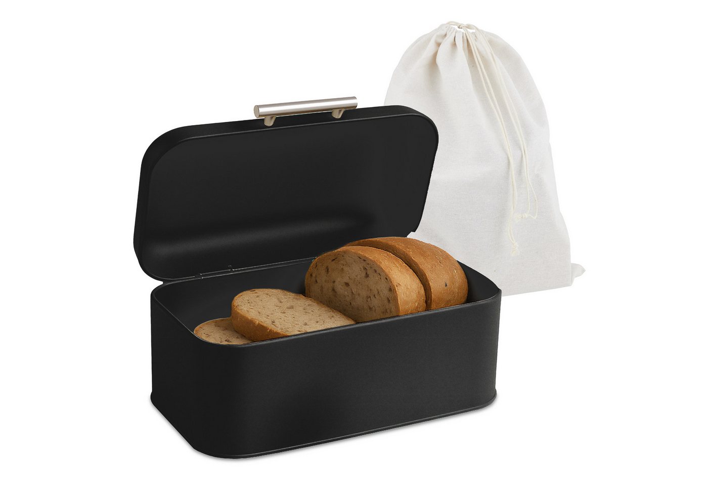 relaxdays Brotkasten mit Deckel und Brotbeutel, Eisen, (2-tlg), schwarz