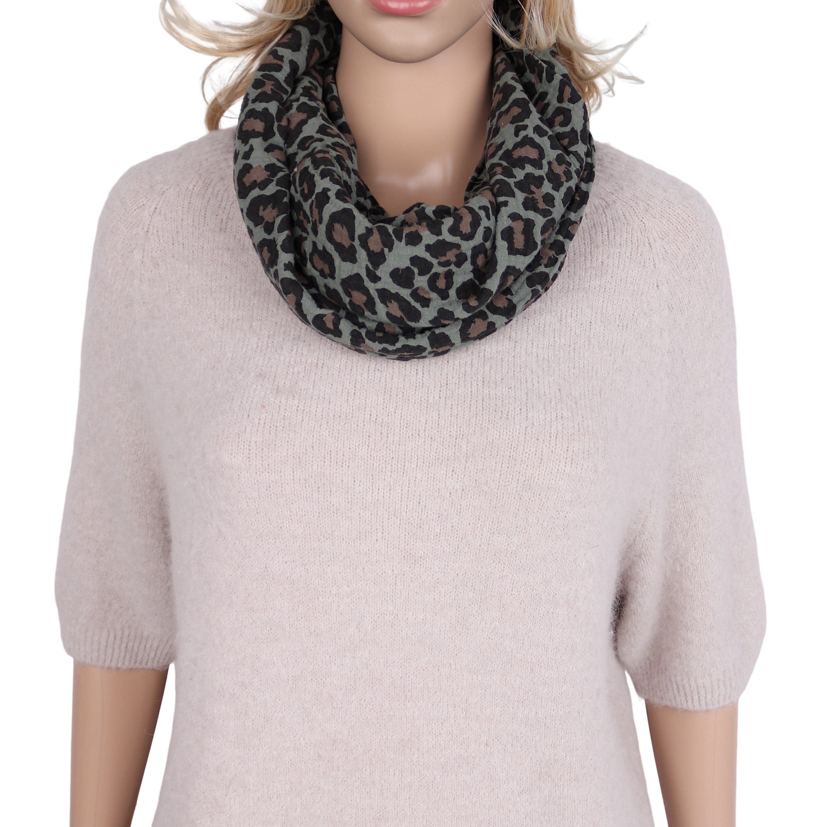 MIRROSI Loop Damen Schal aus Musellin, Made in Italy 70x20cm, Leo, Schlauchschal, (Zweimal um den Hals wickelbar, ca.70x20cm), Damen Halstuch ideal für Frühling, Sommer oder Herbst