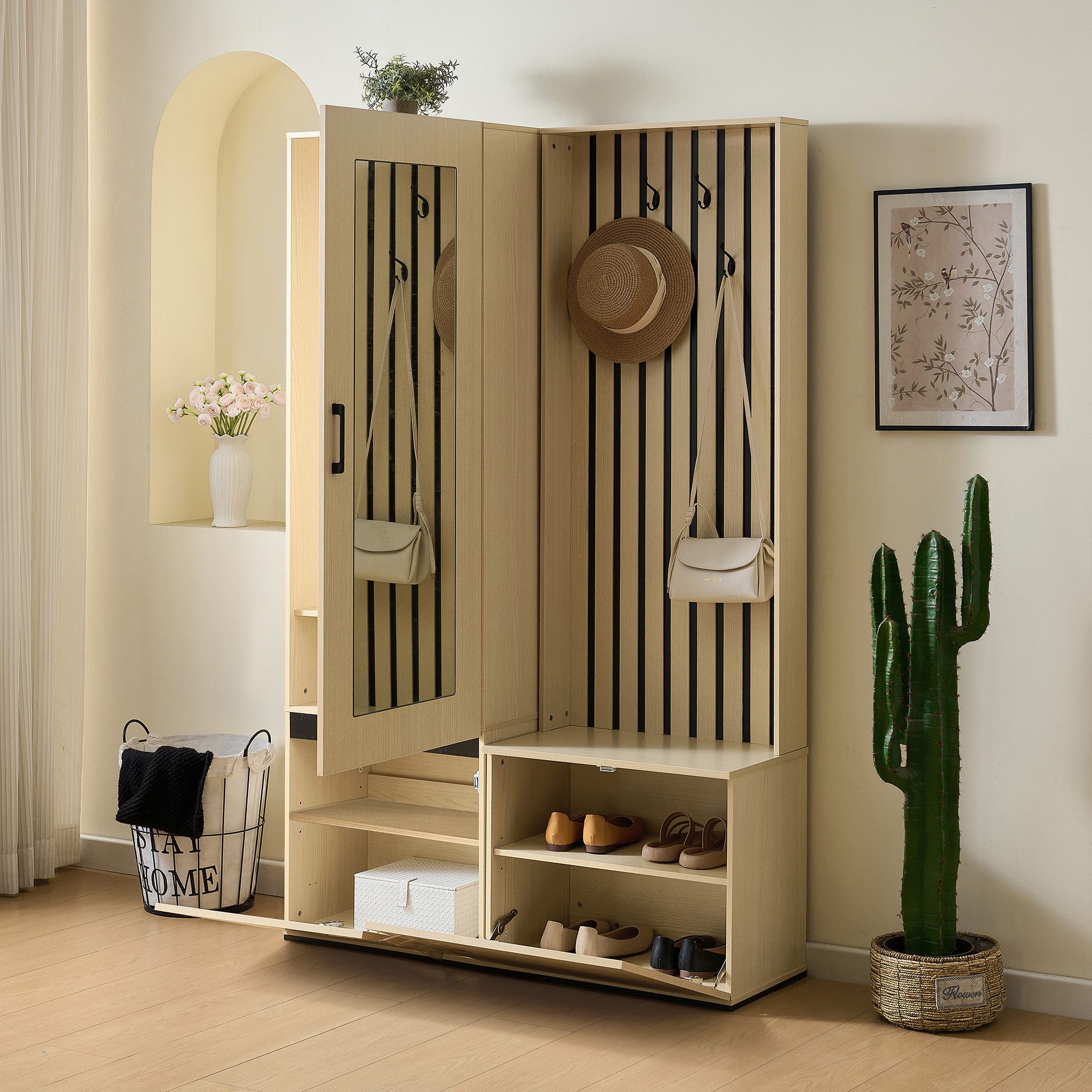 Ulife Garderobenschrank Kombinierter Garderobenschrank mit Spiegel und Sitzbank (2-St., mit ausziehbarer Kleiderstange, Schuhablage, 4 Haken und Polsterbank) Modernes Flurmöbel-Set